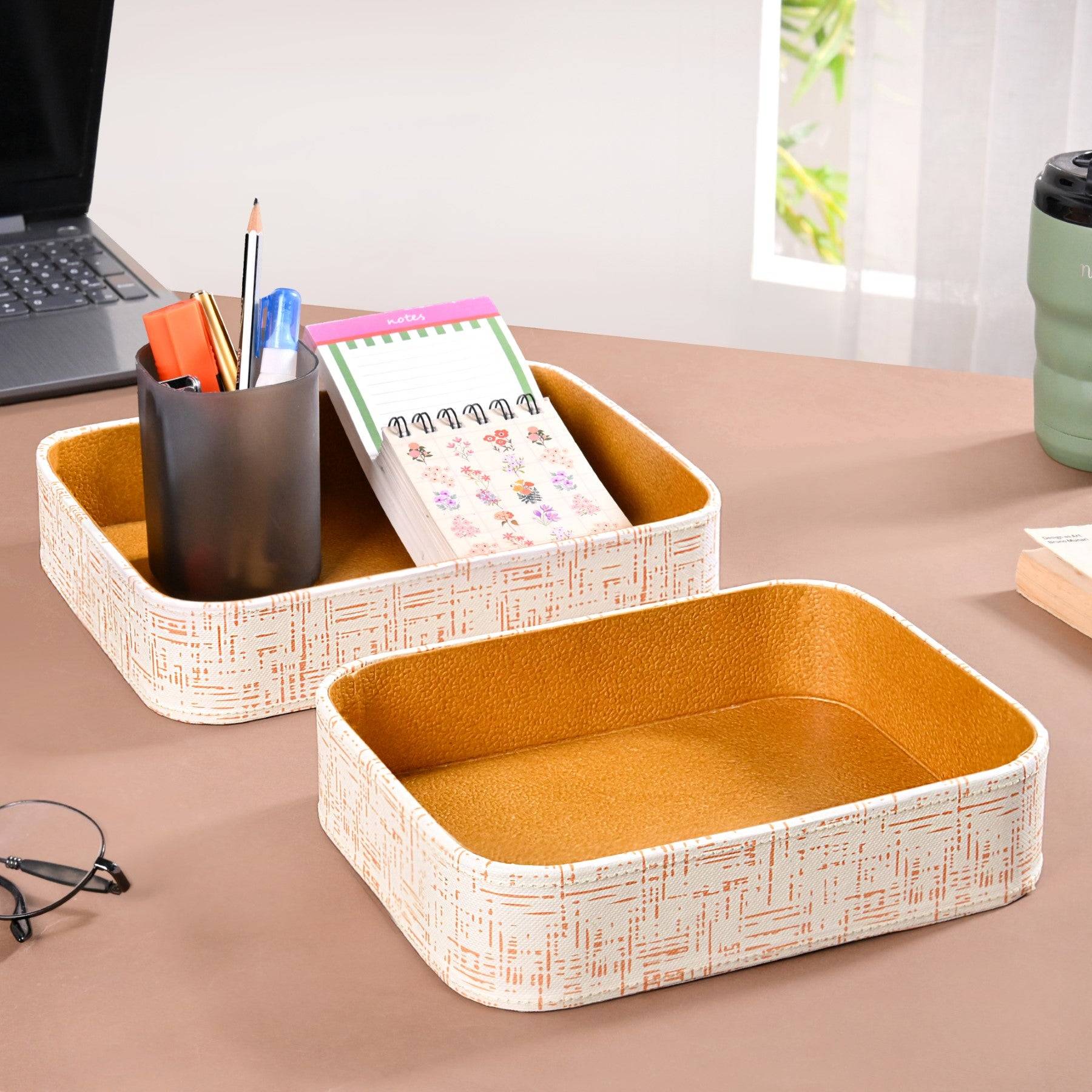 White Organiser Tray Quadrata Pattern Set Of 2