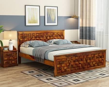 Moglis Solid Wood King  Size Bed Without Storage Bed In Honey Oak Finish