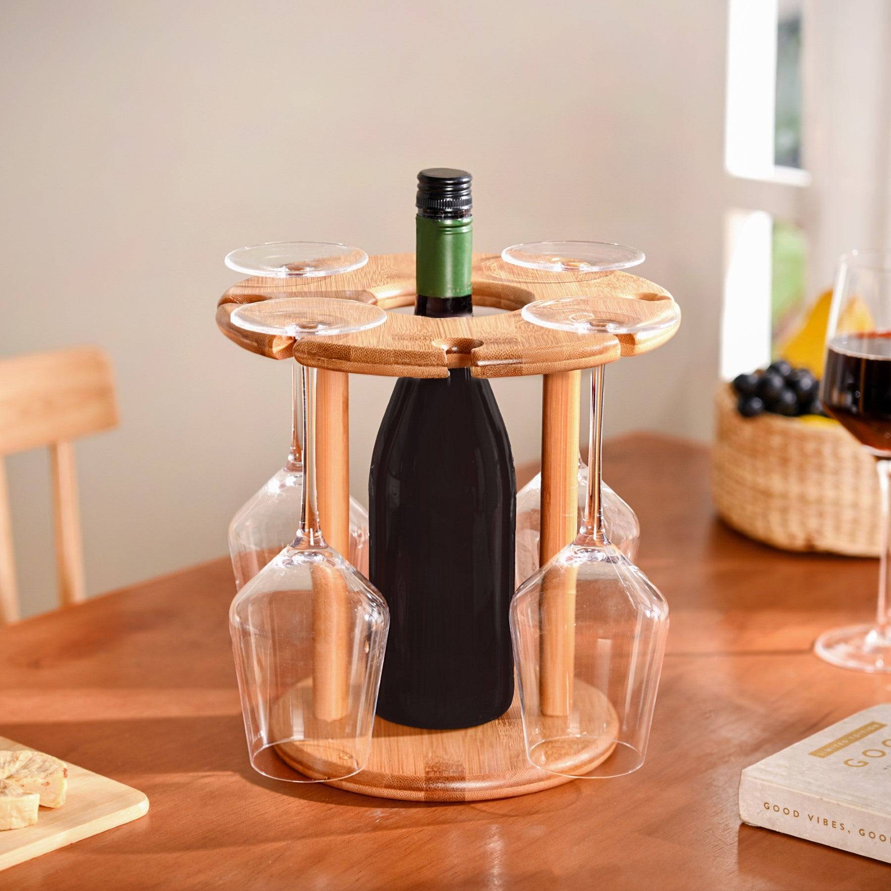 Mod Round Wooden Wine Bottle And Glass Holder