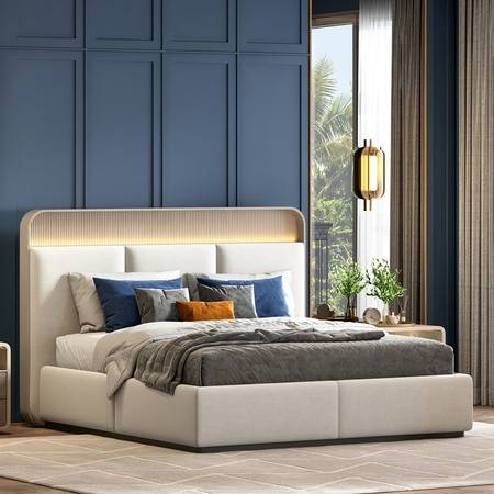 Valeria Engineered Wood Queen Size Bed with Hydraulic Storage Bed in Beige Finish