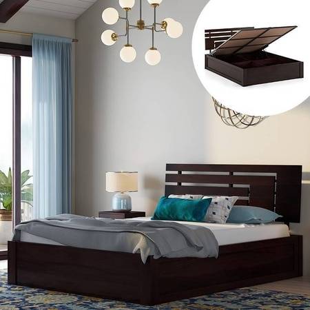 Stockholm Hydraulic Storage Bed (Solid Wood) (Mahogany Finish, Queen Bed Size)