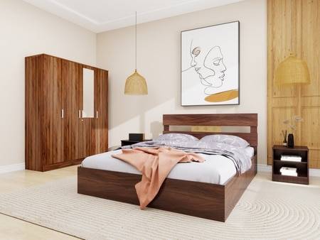 Julian Elegance Bedroom Set â€“ Queen Bed, 4-Door Wardrobe with Mirror & Bedside Table in Walnut Finish â€“ Engineered Wood