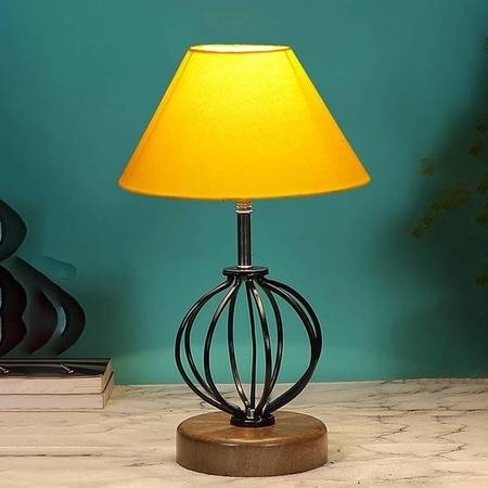 Thea Yellow cotton Table lamp with Wood & Iron Base