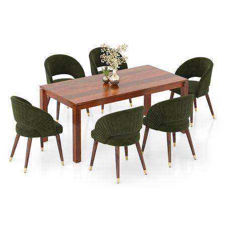 Atlas Solid Wood 6 Seater Dining Table In Honey Finish with 6 Celia Deep Olive Velvet Fabric in Dark Teak Finish