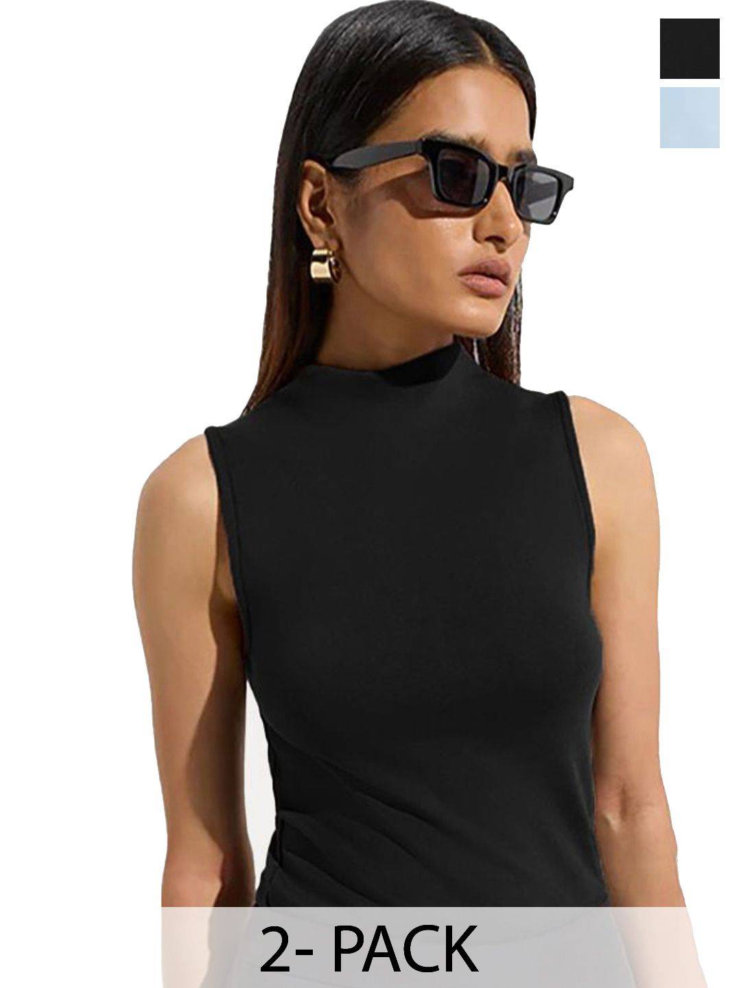 Kotty Women Pack Of 2 Solid High Neck Sleeveless Top