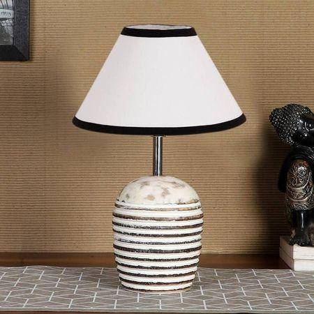 White & Black cotton with White Brushed Wood Table Lamp