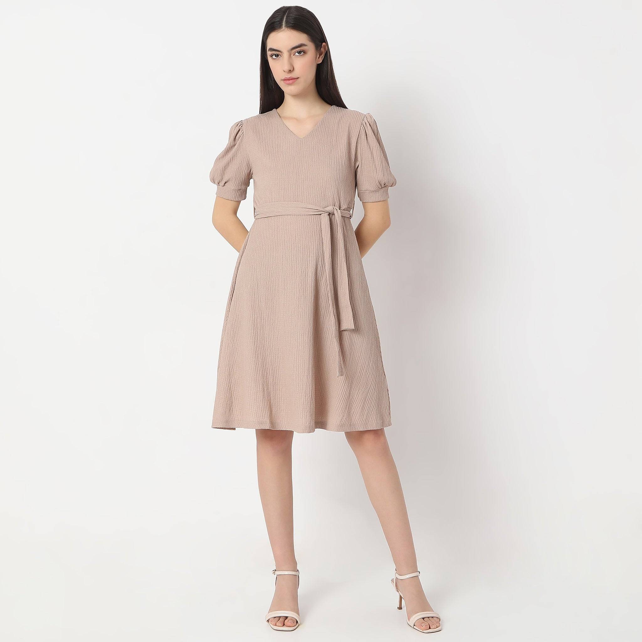 Flare Fit Knee Length Short Sleeve V-Neck Flared Dress
