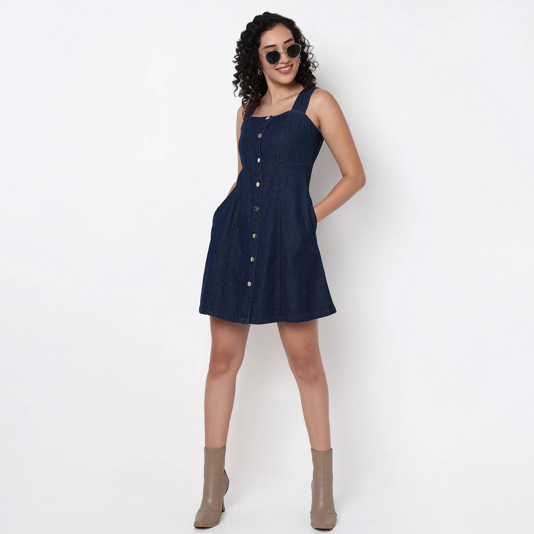 Indigo Denim  Dress With Button Look