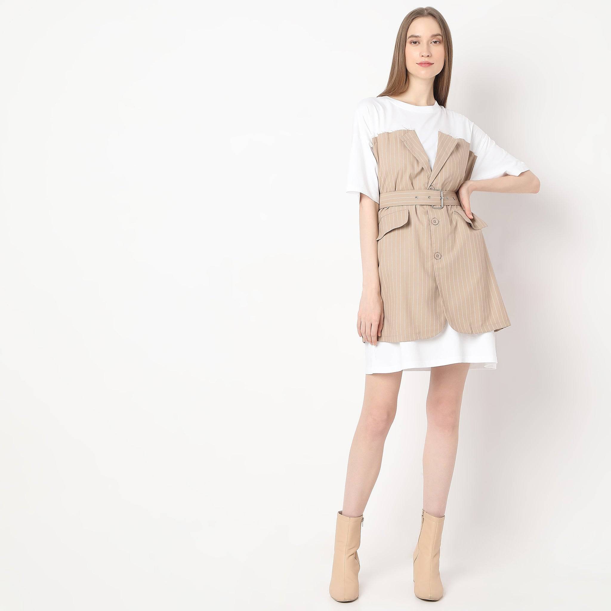 Above Knee Button-Down Detailing And Adjustable Belt Two Flap Pocket Dress