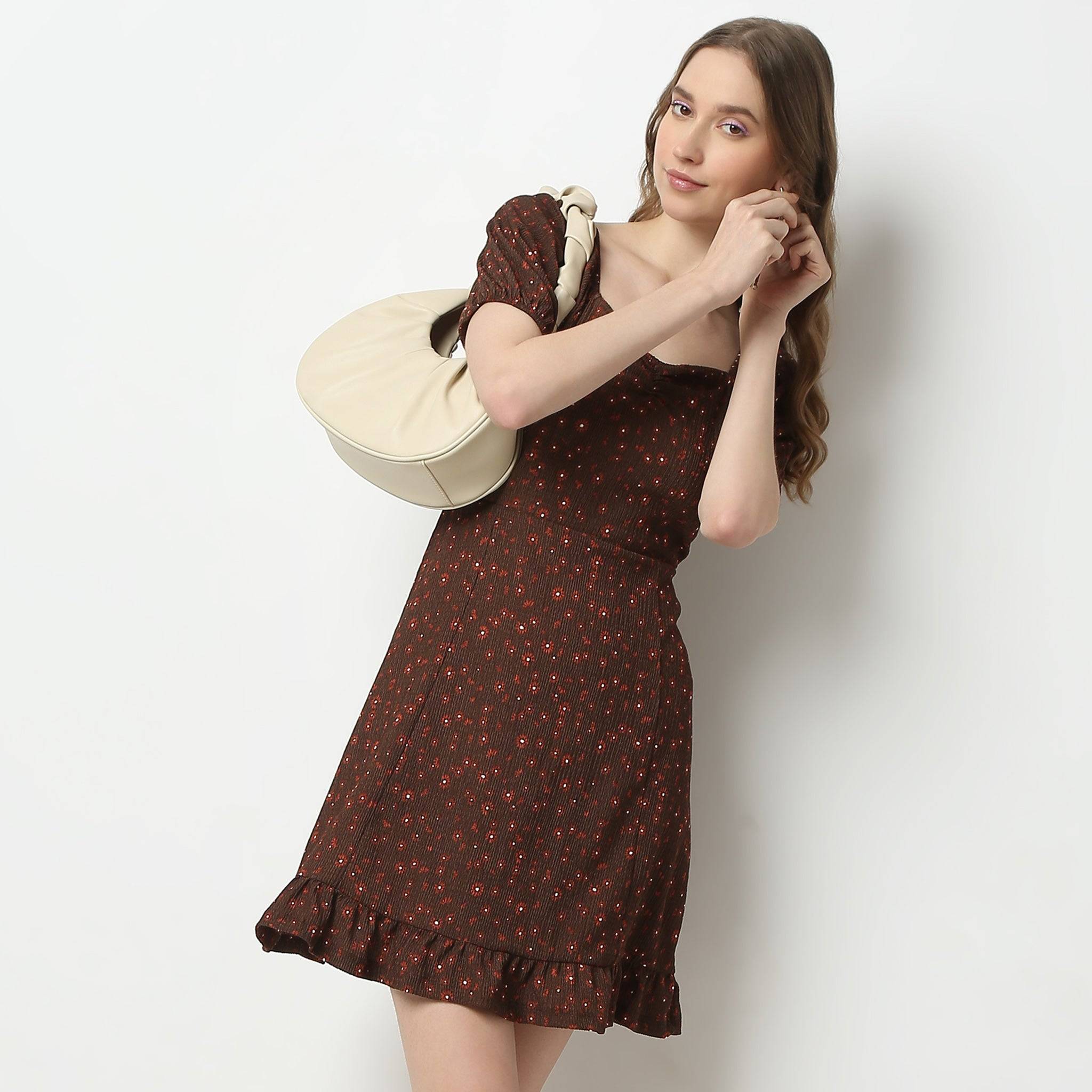 Flare Fit Printed Short Sleeve Square Neck Above Knee Knit Dress