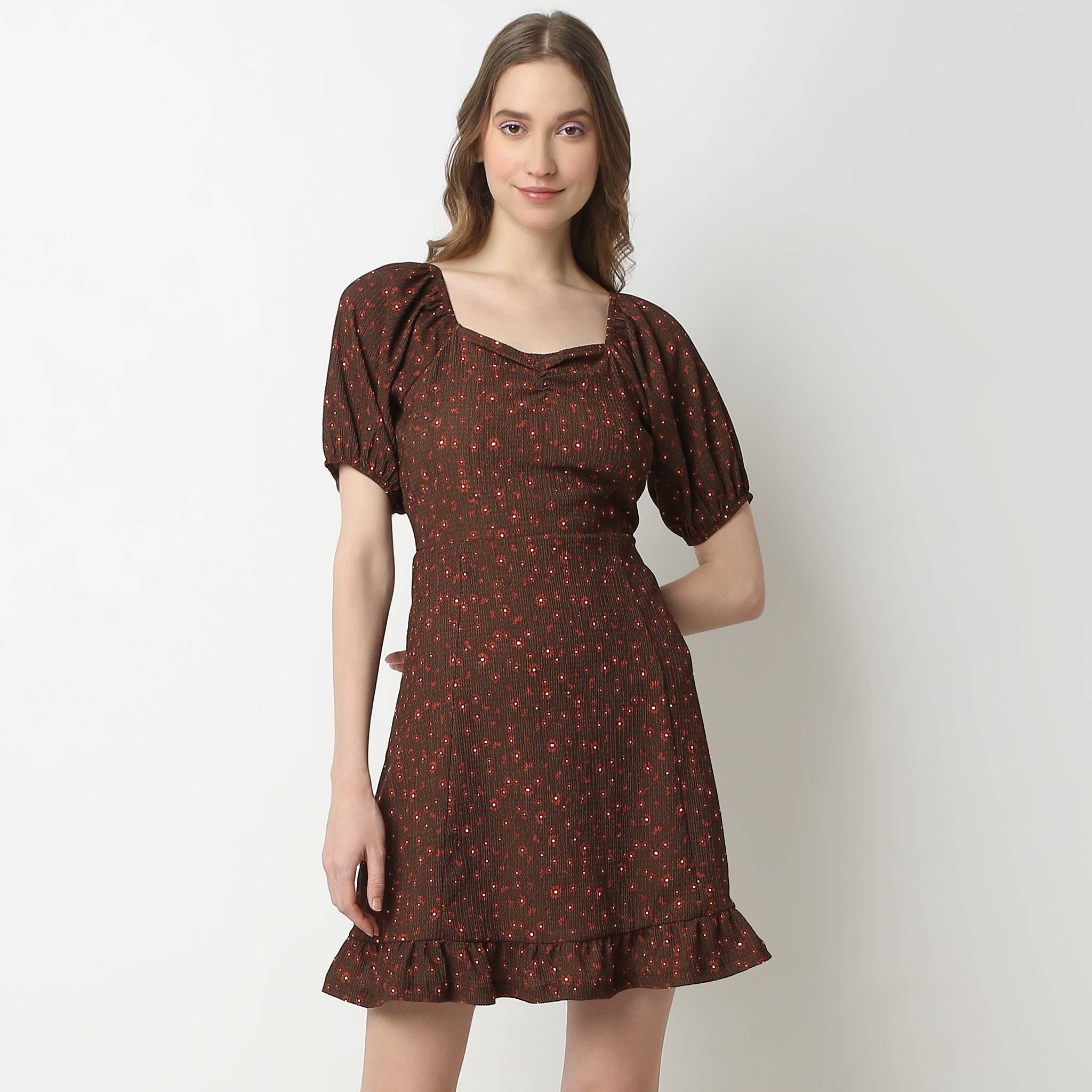 Flare Fit Printed Short Sleeve Square Neck Above Knee Knit Dress
