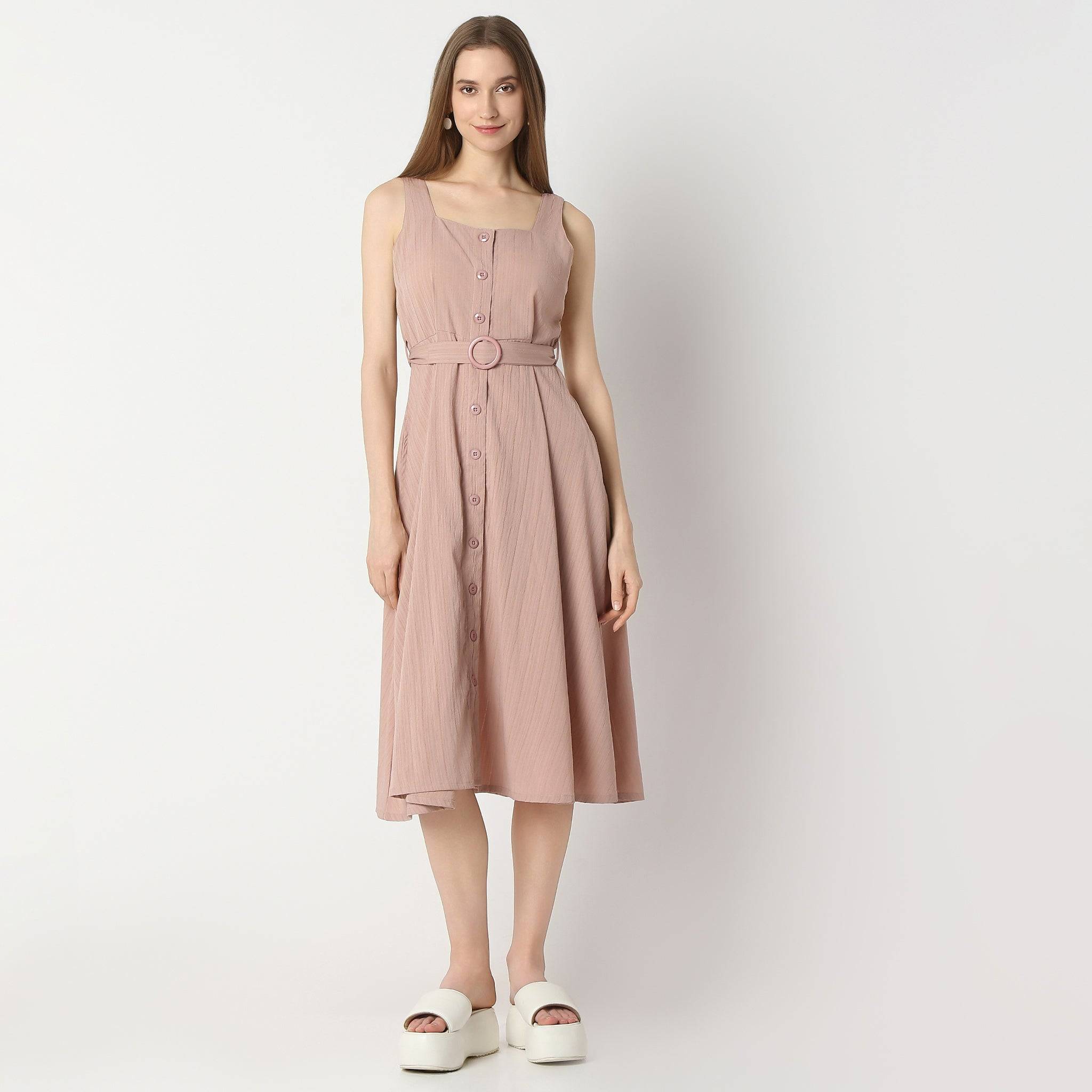 Flare Fit Knee Length Square Neck Strap Shoulder Smocking Dress