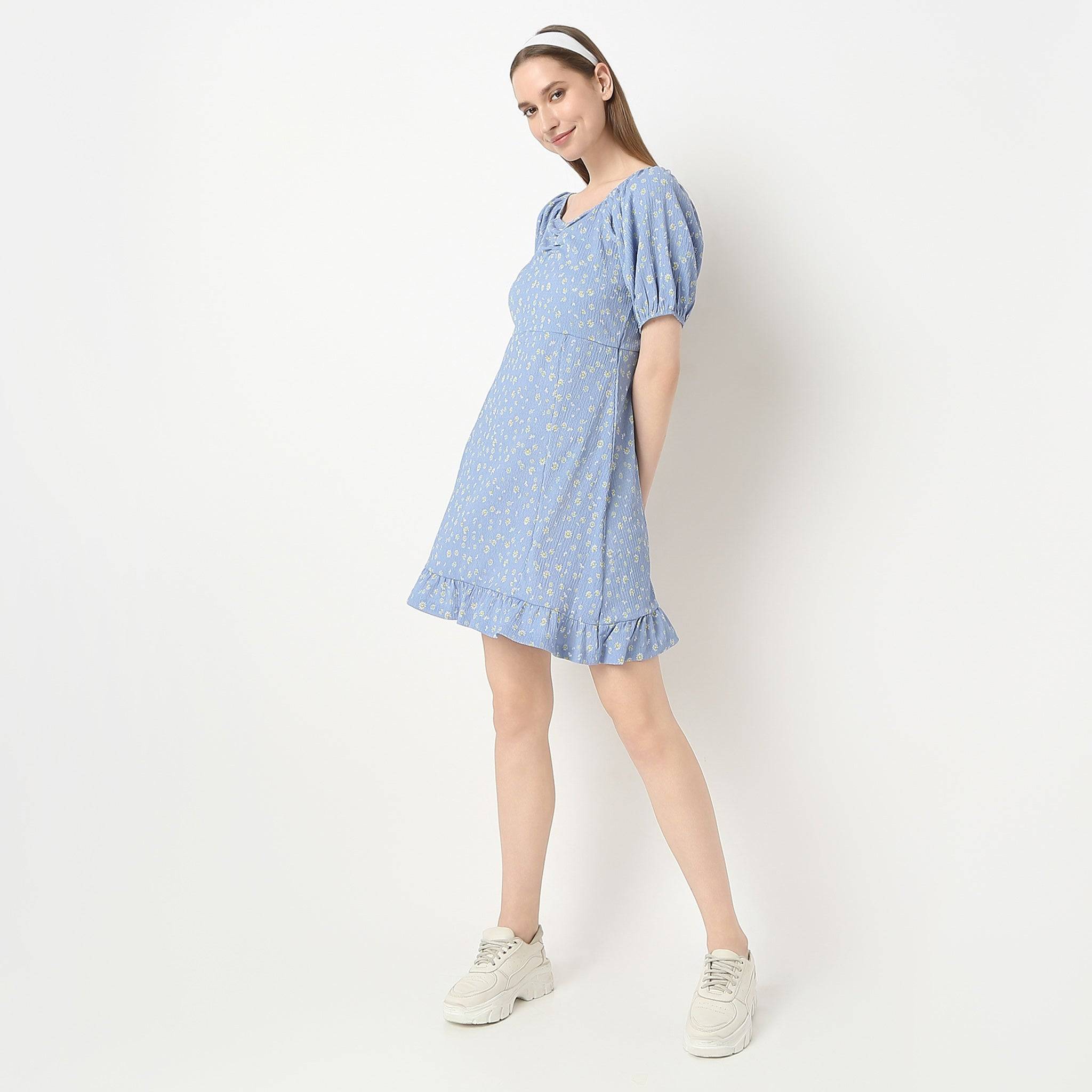 Flare Fit Printed Above Knee Sweet Heart Neck Betty Dress