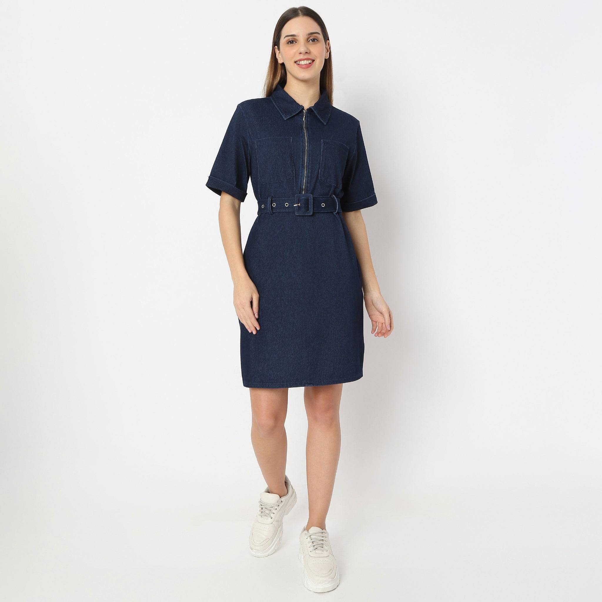 Solid Knee Length Knitted Indigo Pull On Zipper Dress With Belt Look