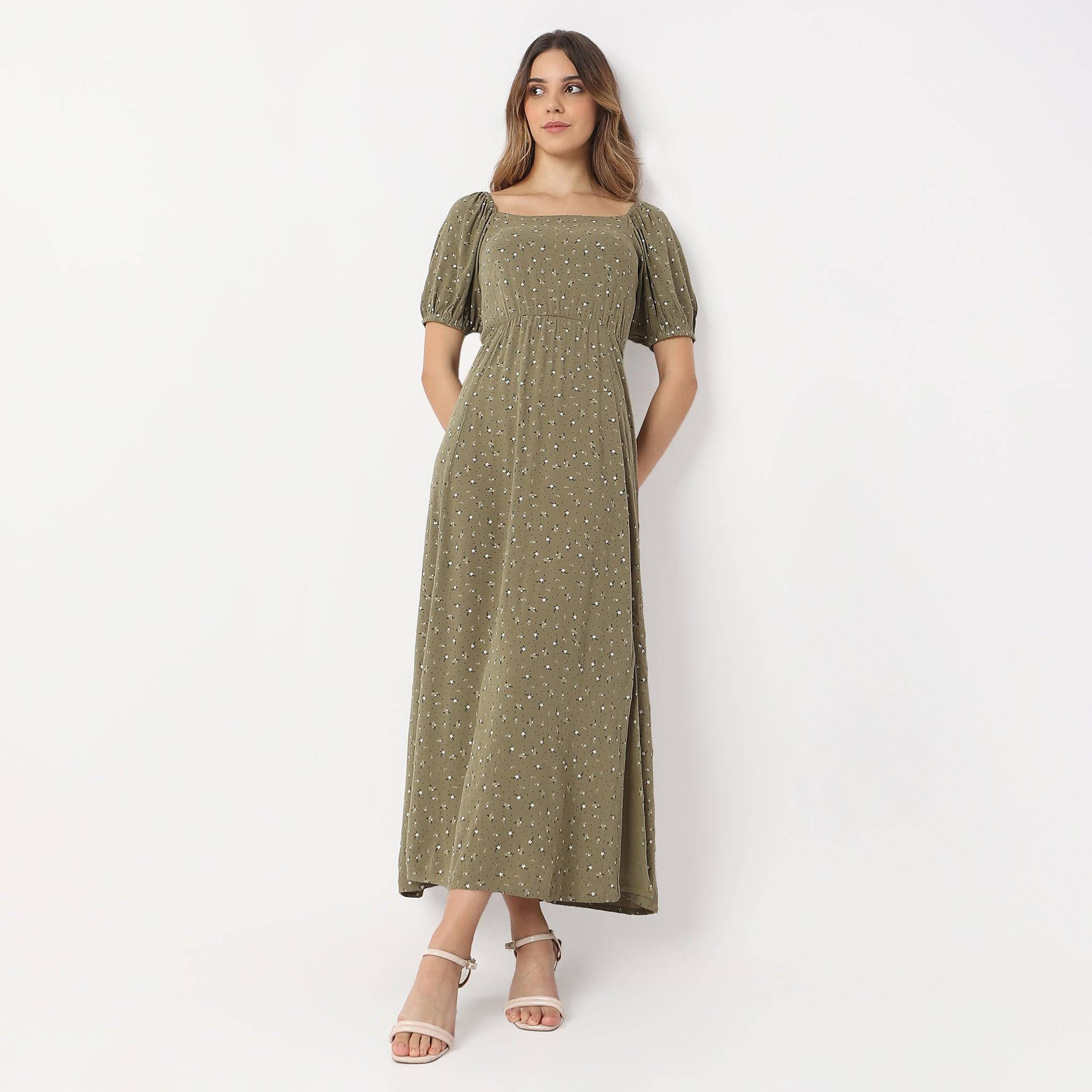 Flare Fit Printed Ankle Length Square Neck Betty Long Dress