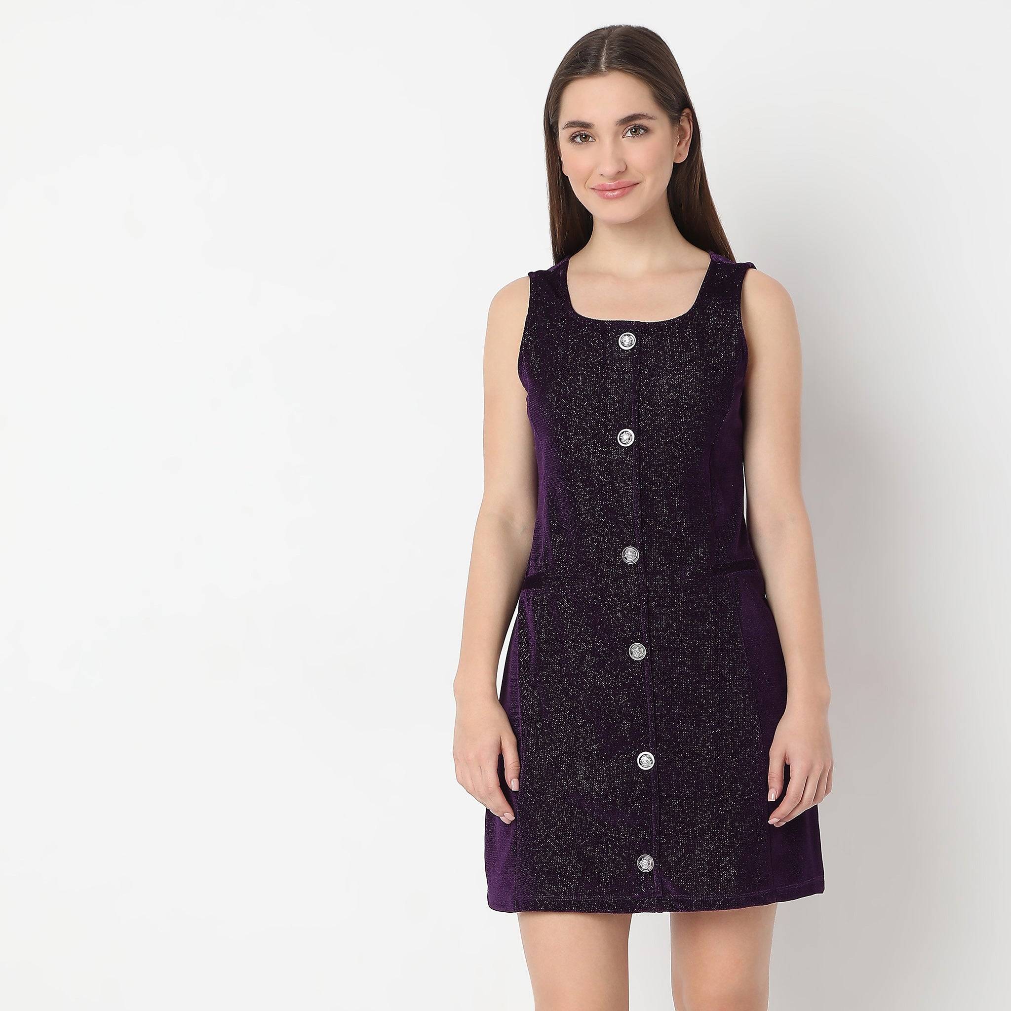 Above Knee With Front Button Solid Party Dress