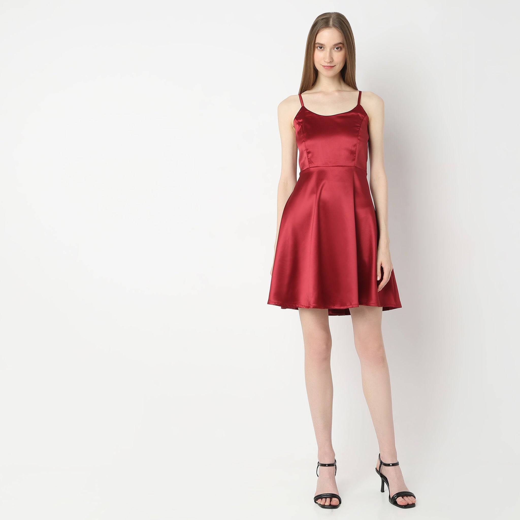Flare Fit Shoulder Strap Satin Party Dress