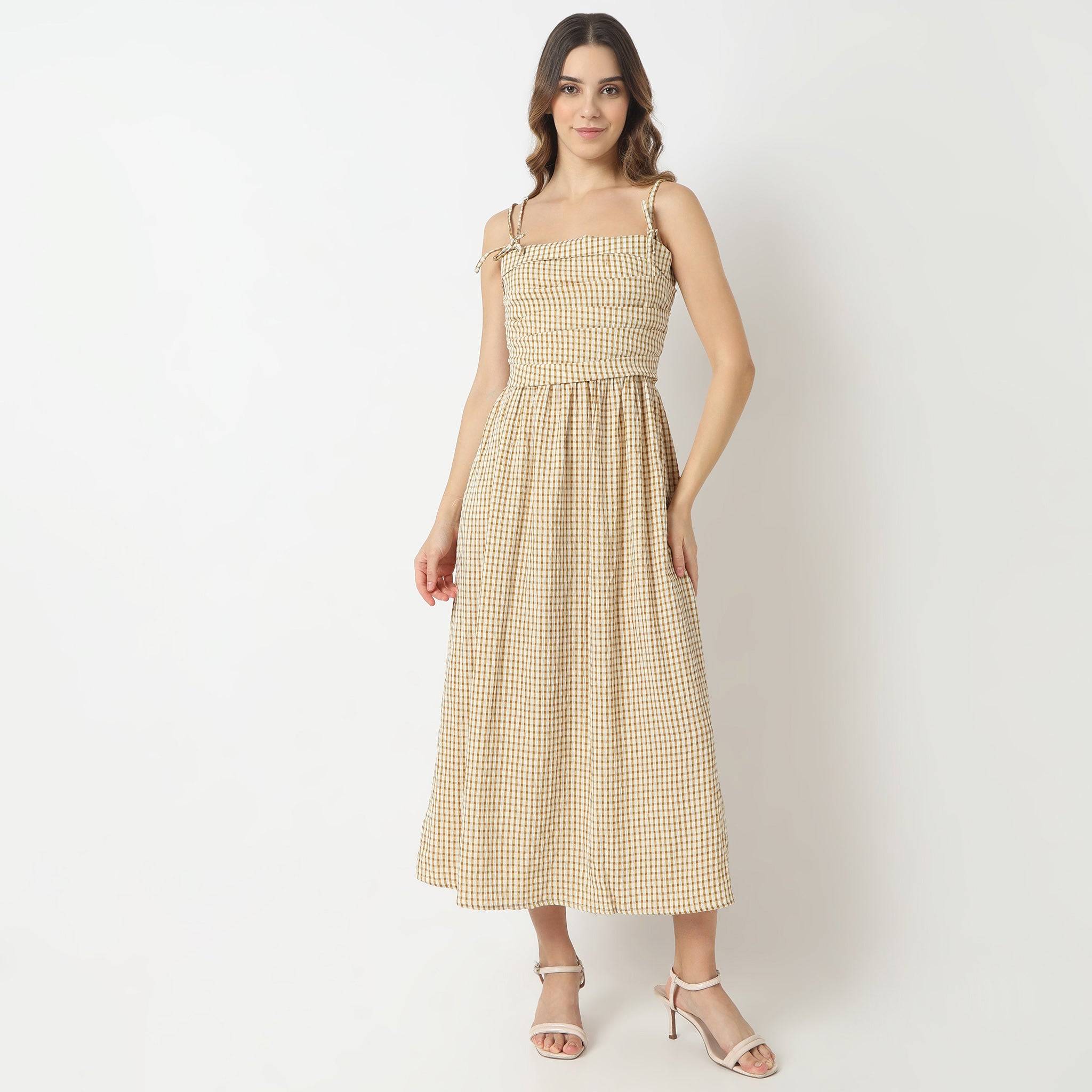 Flare Fit Checkered Sleeveless Square Neck Calf Length Betty Dress