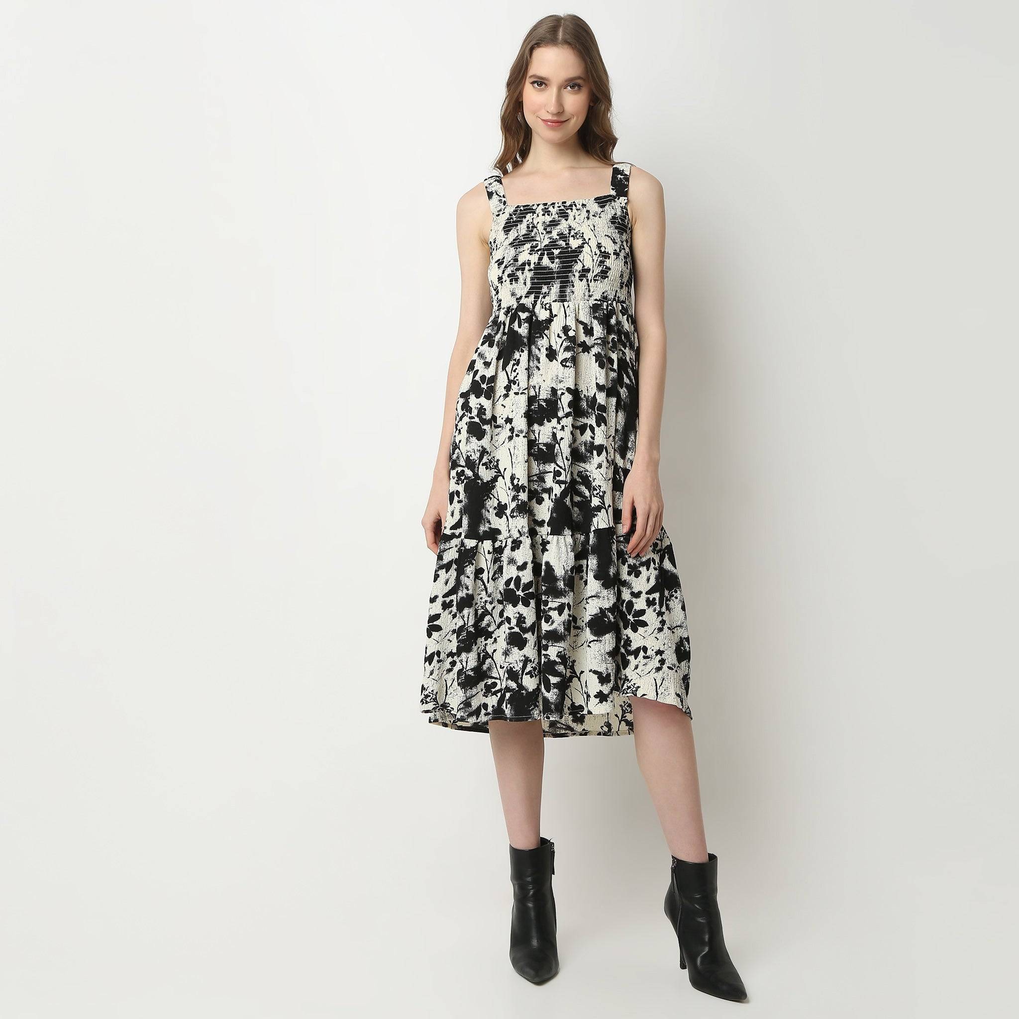Flare Fit Printed Sleeveless Square Neck Calf Length Betty Dress
