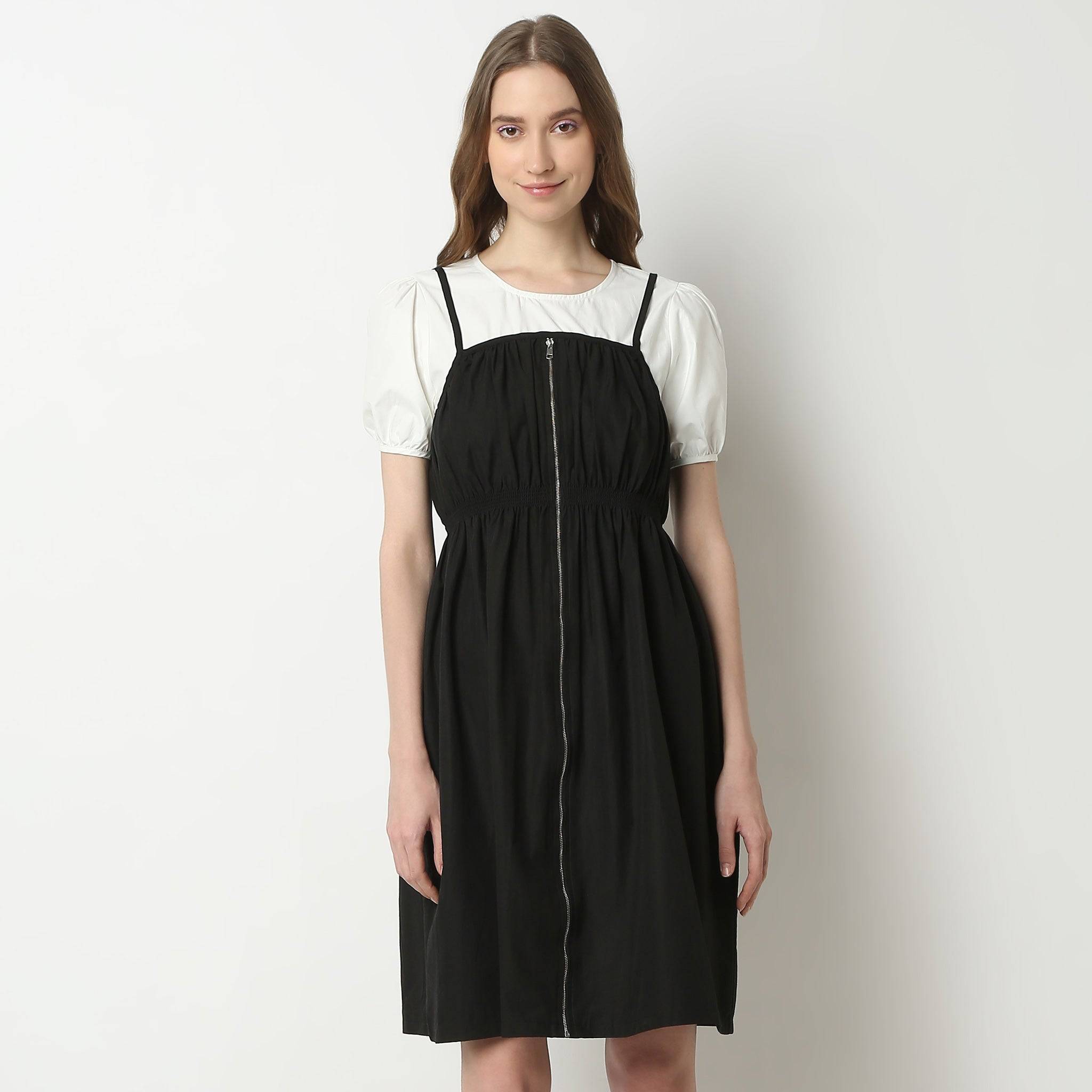 Solid Sleeveless Square Neck Knee Length Betty Dress With Front Zipper Detail