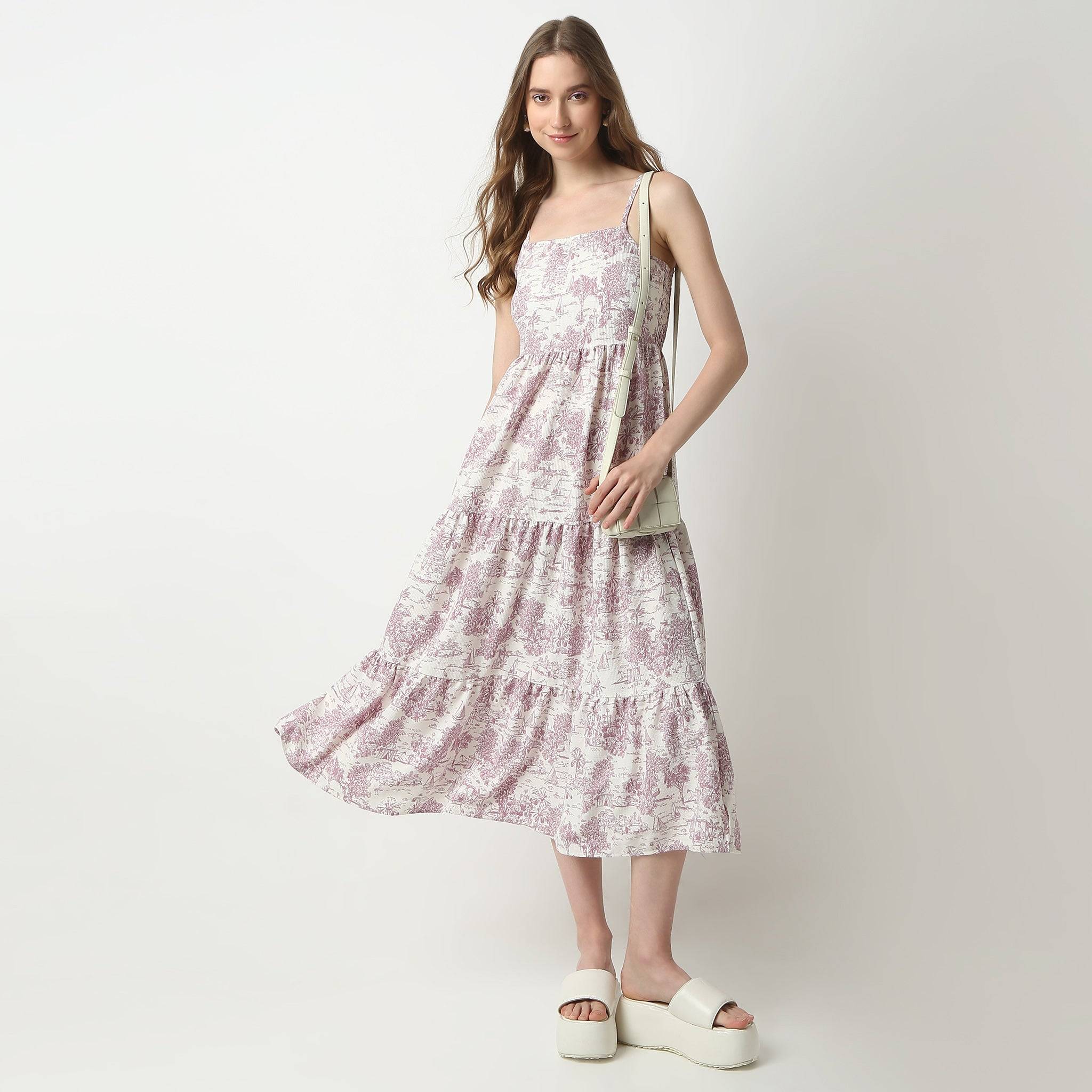 Flare Fit Printed Square Neck Calf Length Betty Dress