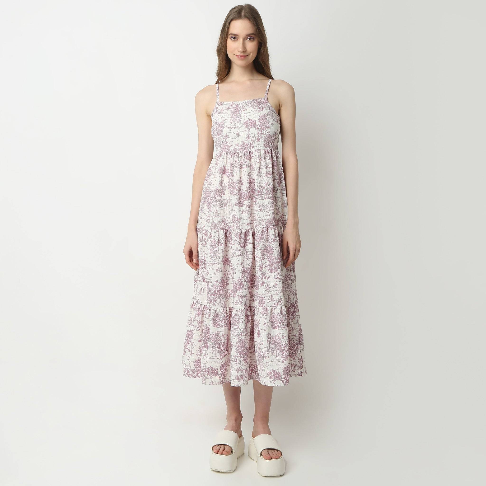 Flare Fit Printed Square Neck Calf Length Betty Dress