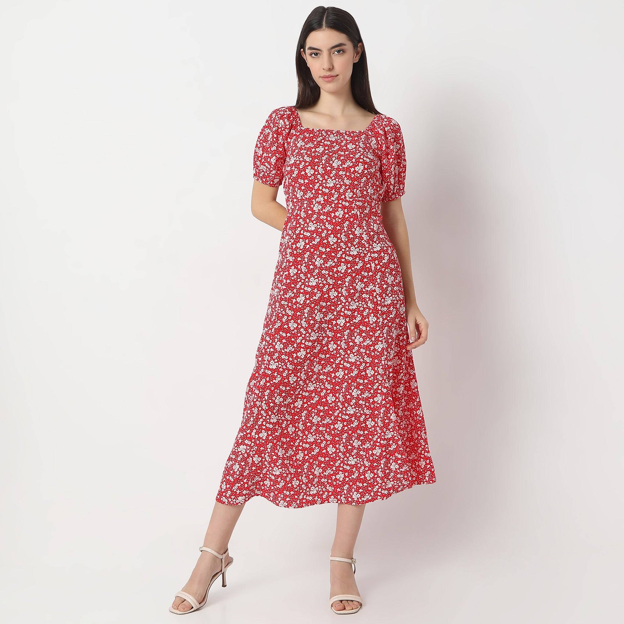 Flare Fit Printed Ankle Length Square Neck Betty Dress