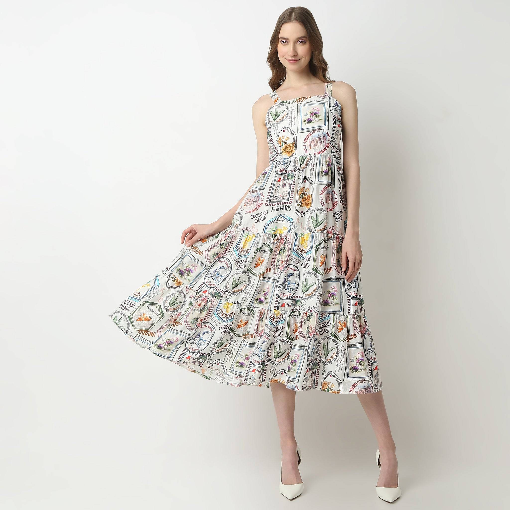 Flare Fit Abstract Square Neck Below Knee Betty Dress