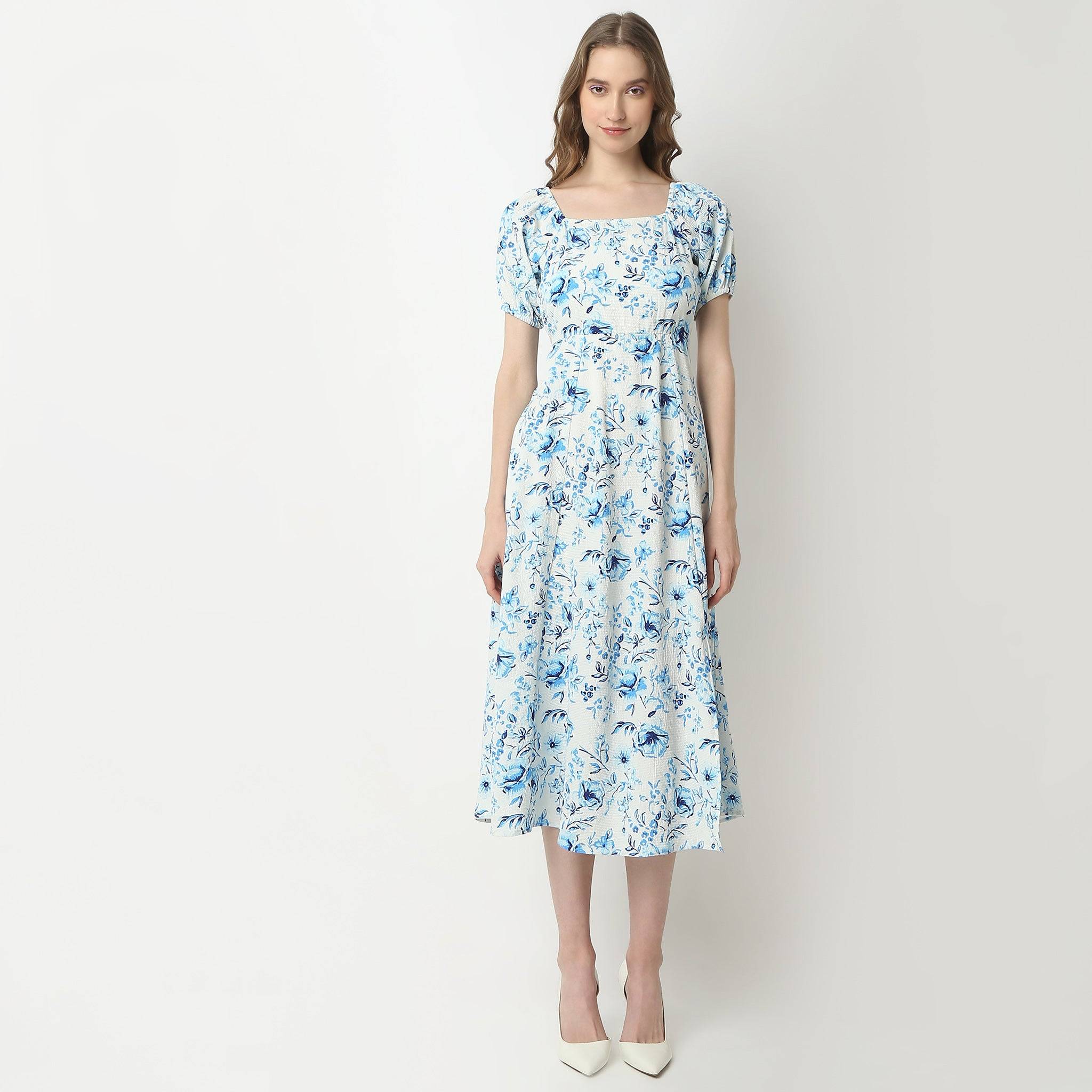 Flare Fit Printed Short Sleeve Square Neck Below Knee Betty Dress