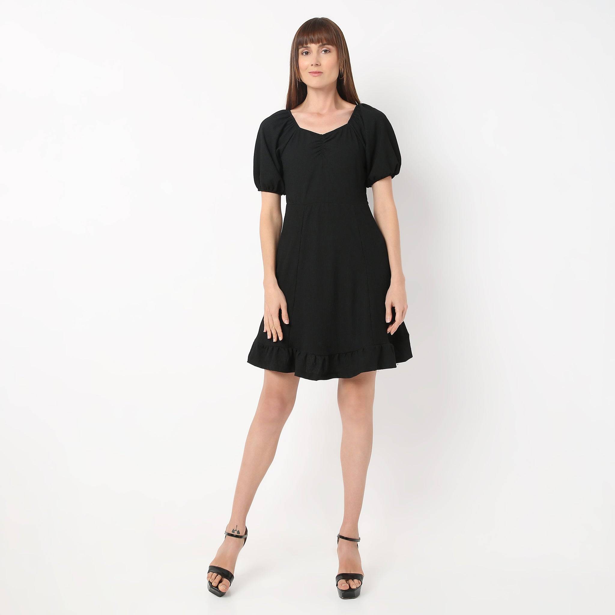 Sweetheart Neck Above Knee Flared Sleeve Flare Fit Solid Dress
