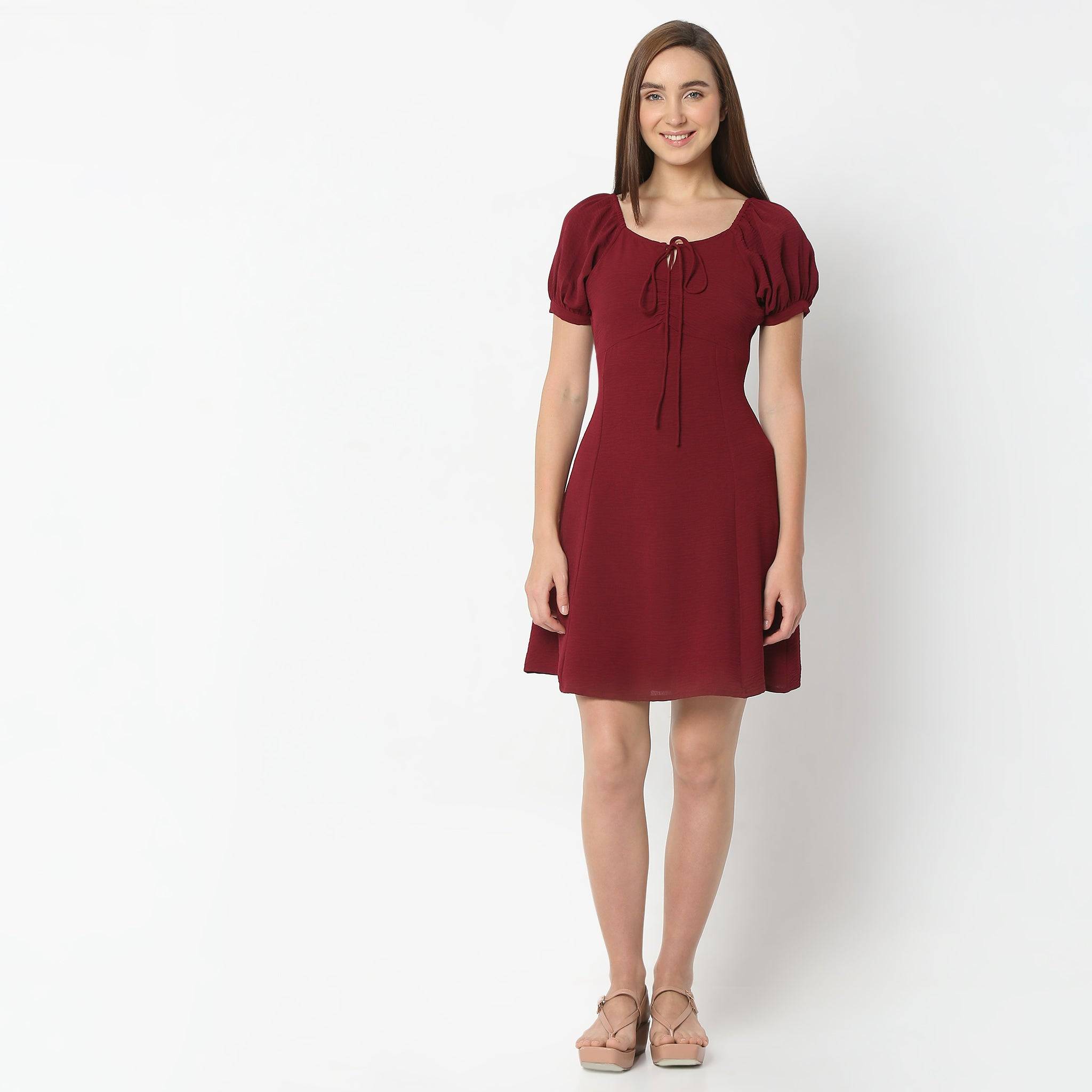 Above Knee Square Neck Short Sleeve Dress With Front Ruching And Tie-Up Detail