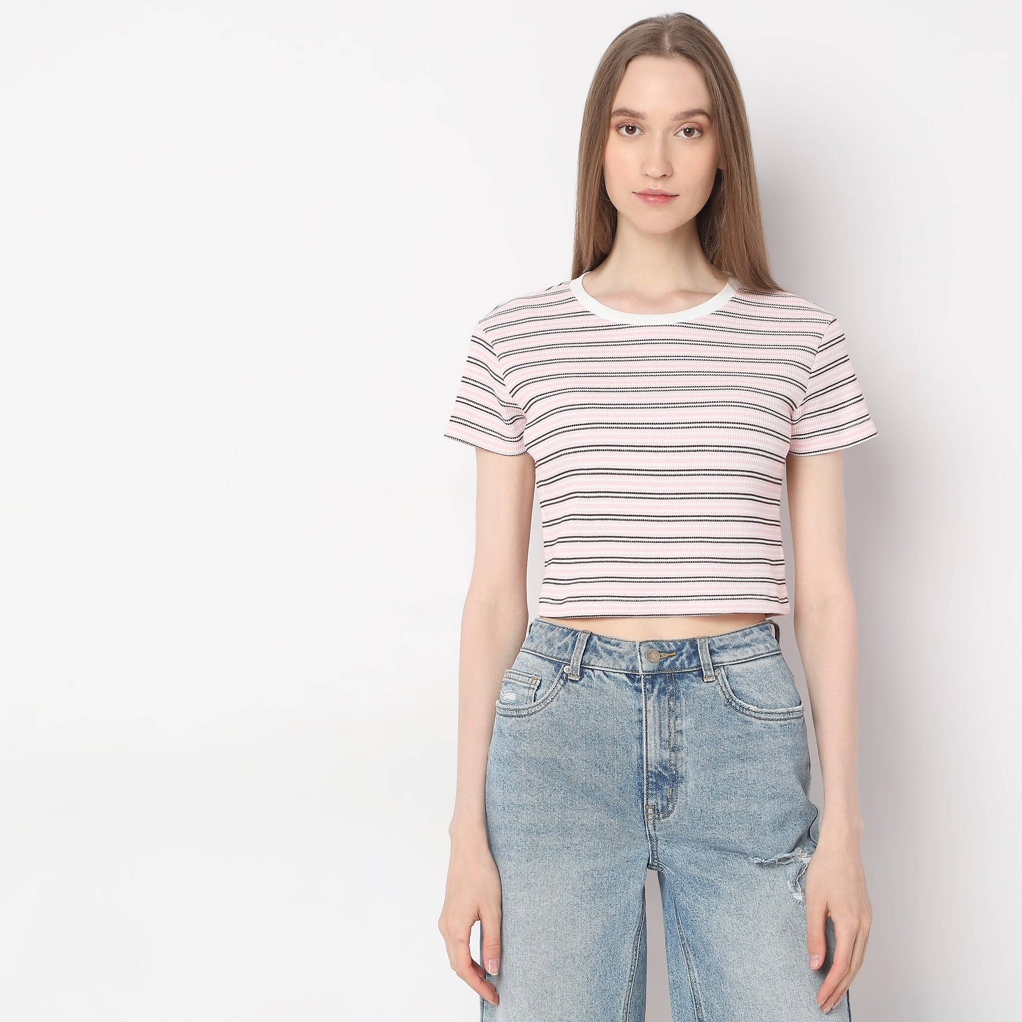 Slim Fit Striped Crew Neck Crop T-Shirt