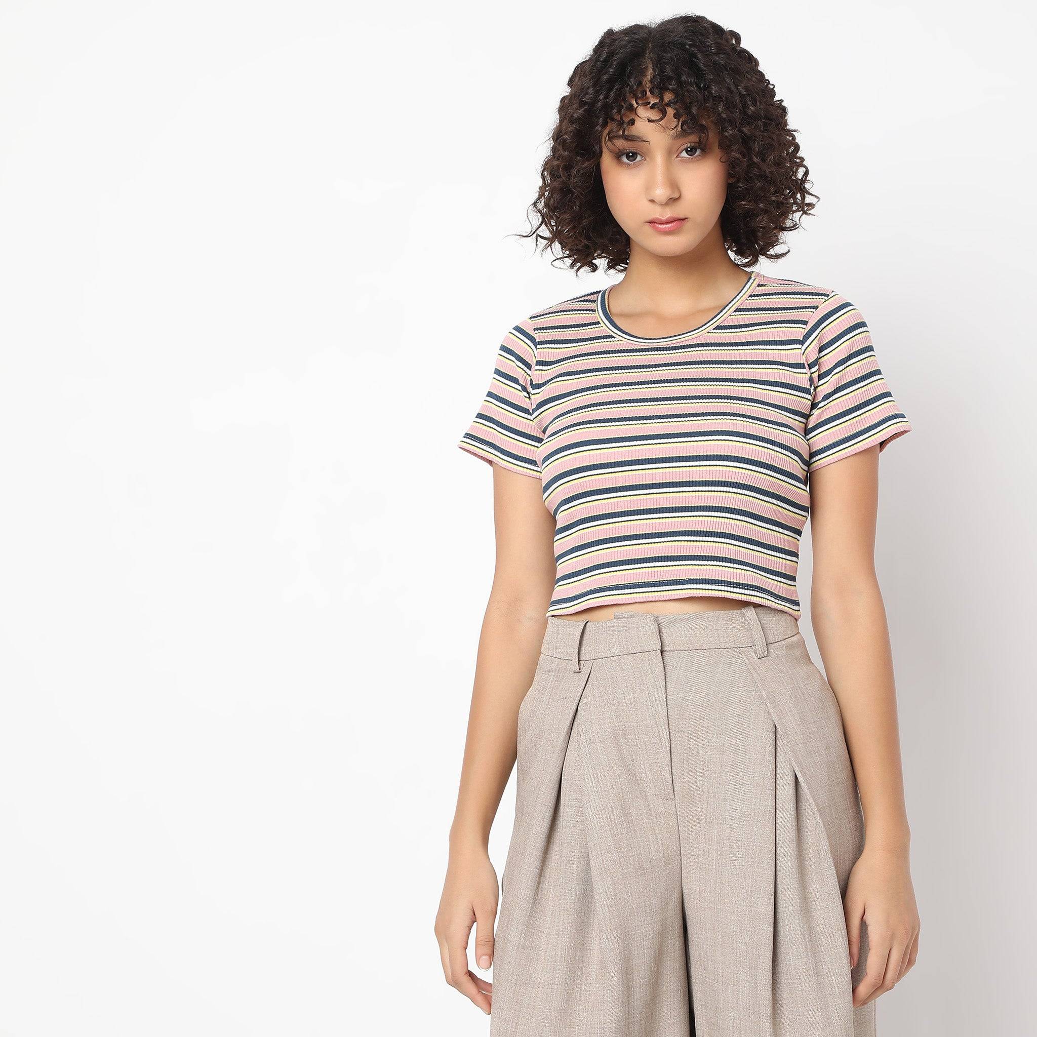Slim Fit Striped Crew Neck Crop T-Shirt