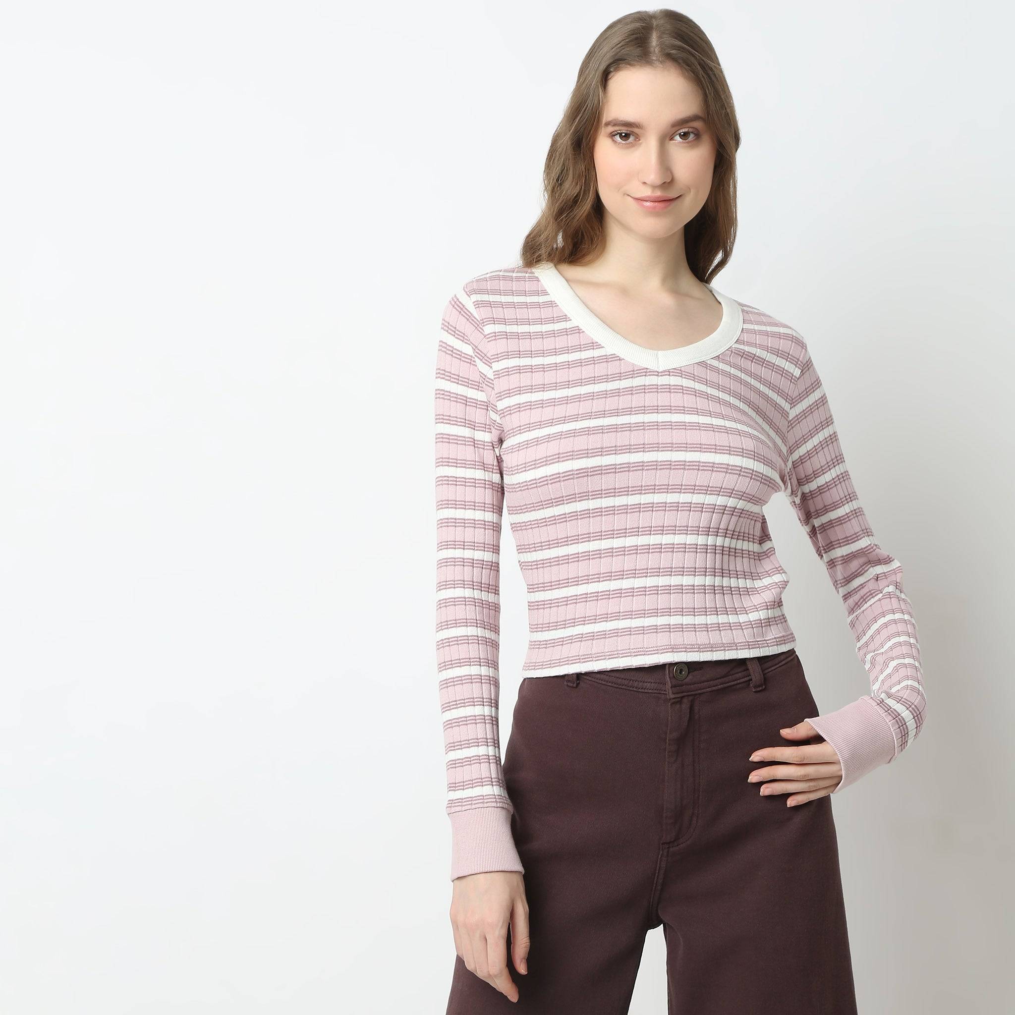 V-Neck Striped Cropped T-Shirt
