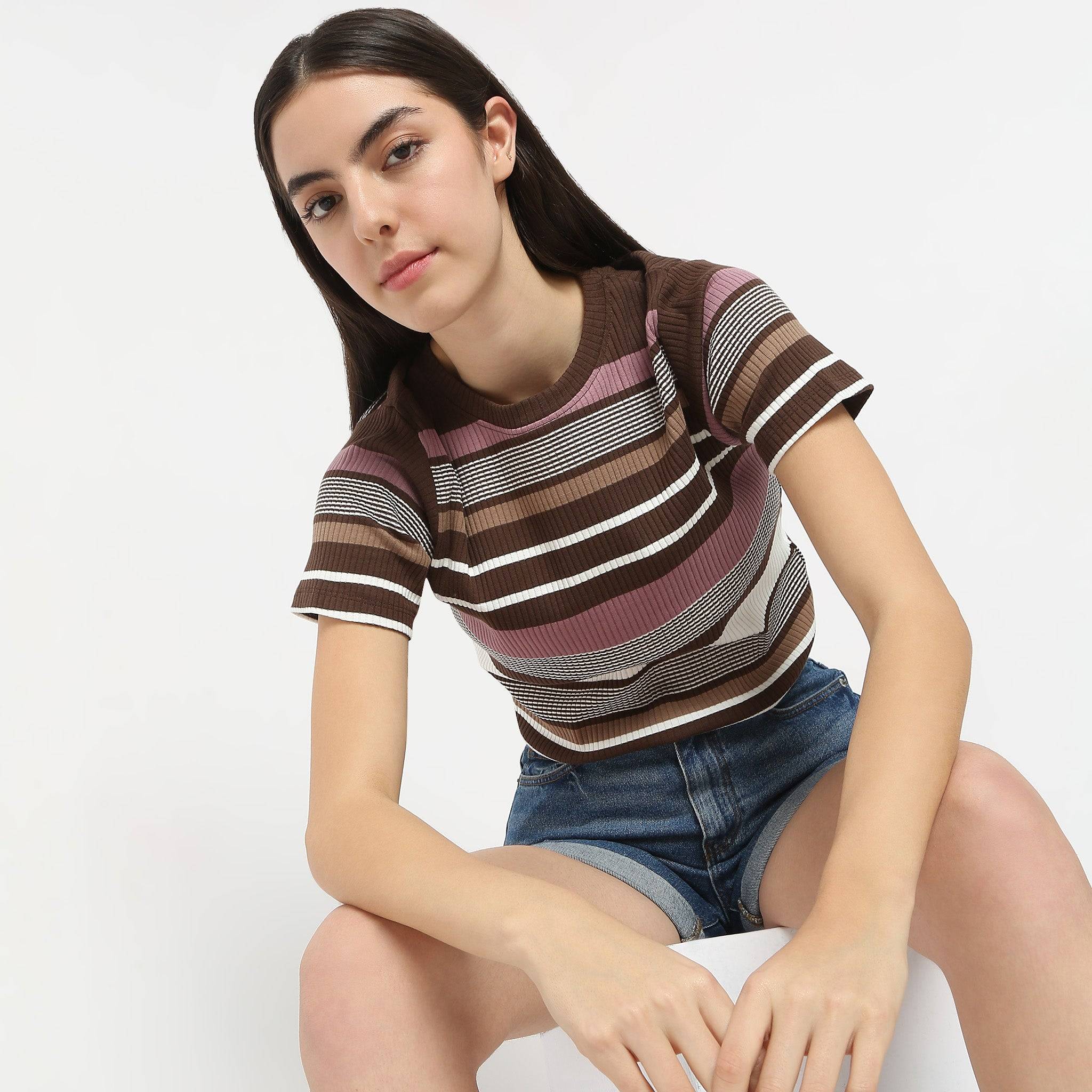 Slim Fit Striped Round Neck Elbow Sleeve Crop T-Shirt