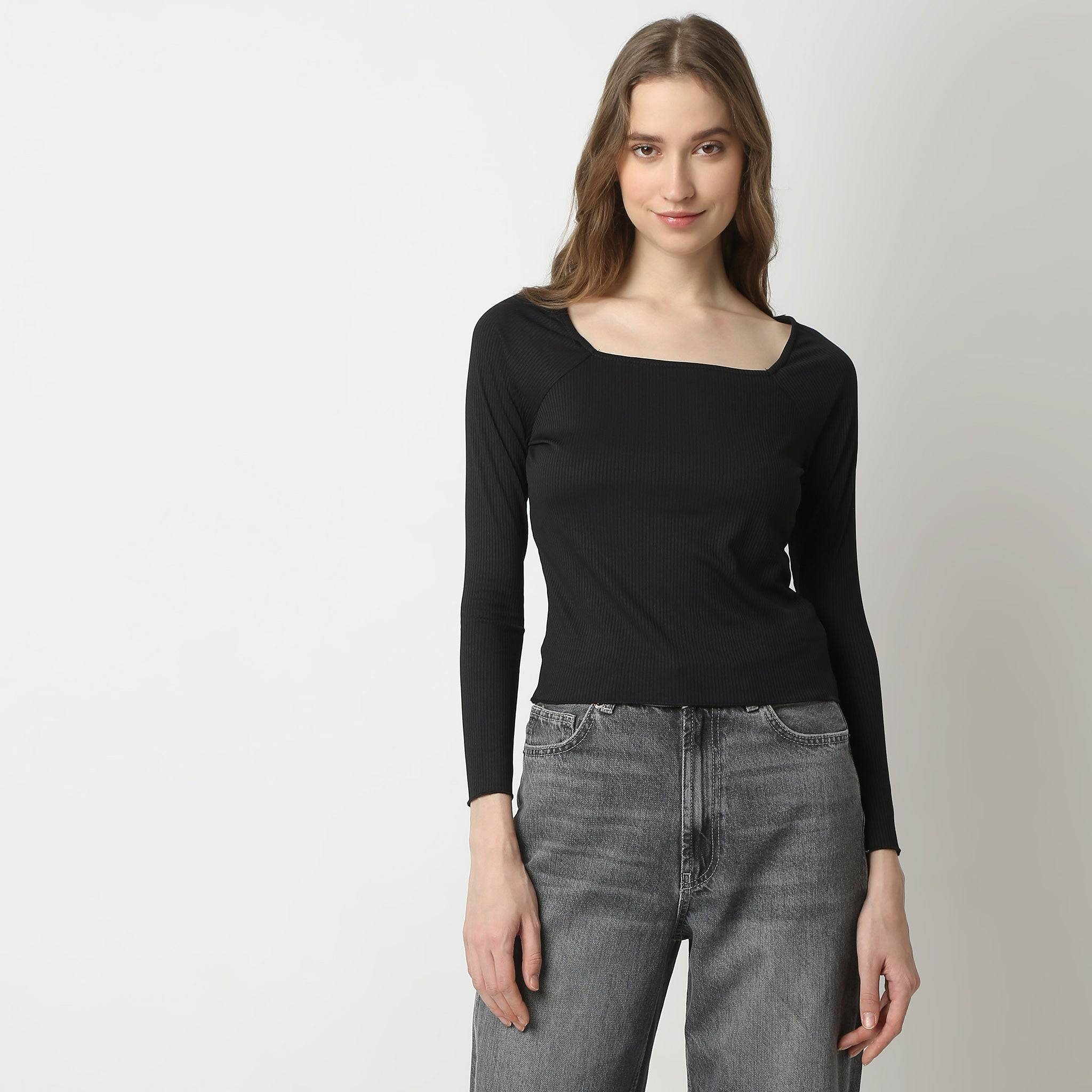 Slim Fit Solid Full Sleeve Square Neck Betty T-Shirt