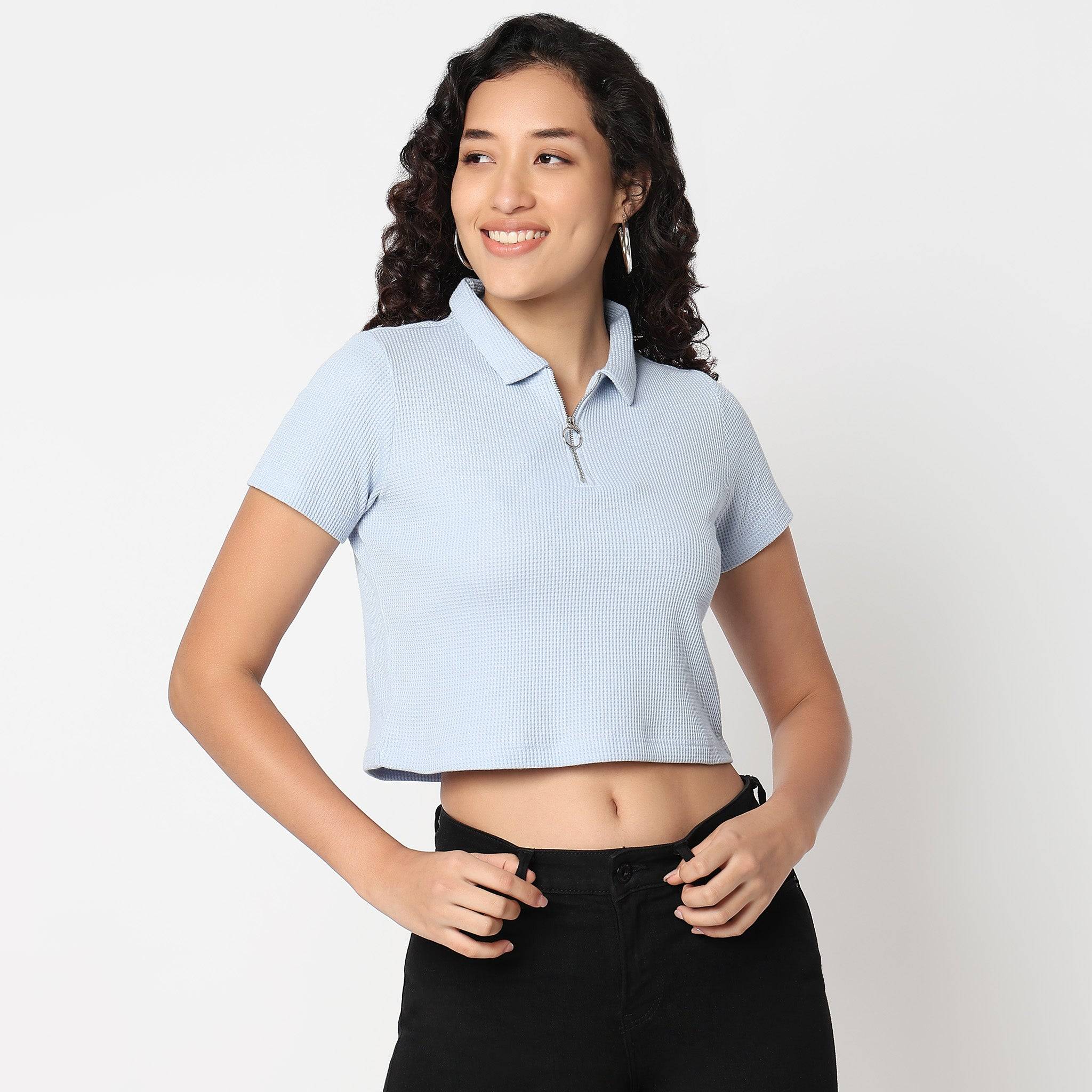 Betty Essential T-Shirt With Collar And Partial Metal Zip Open