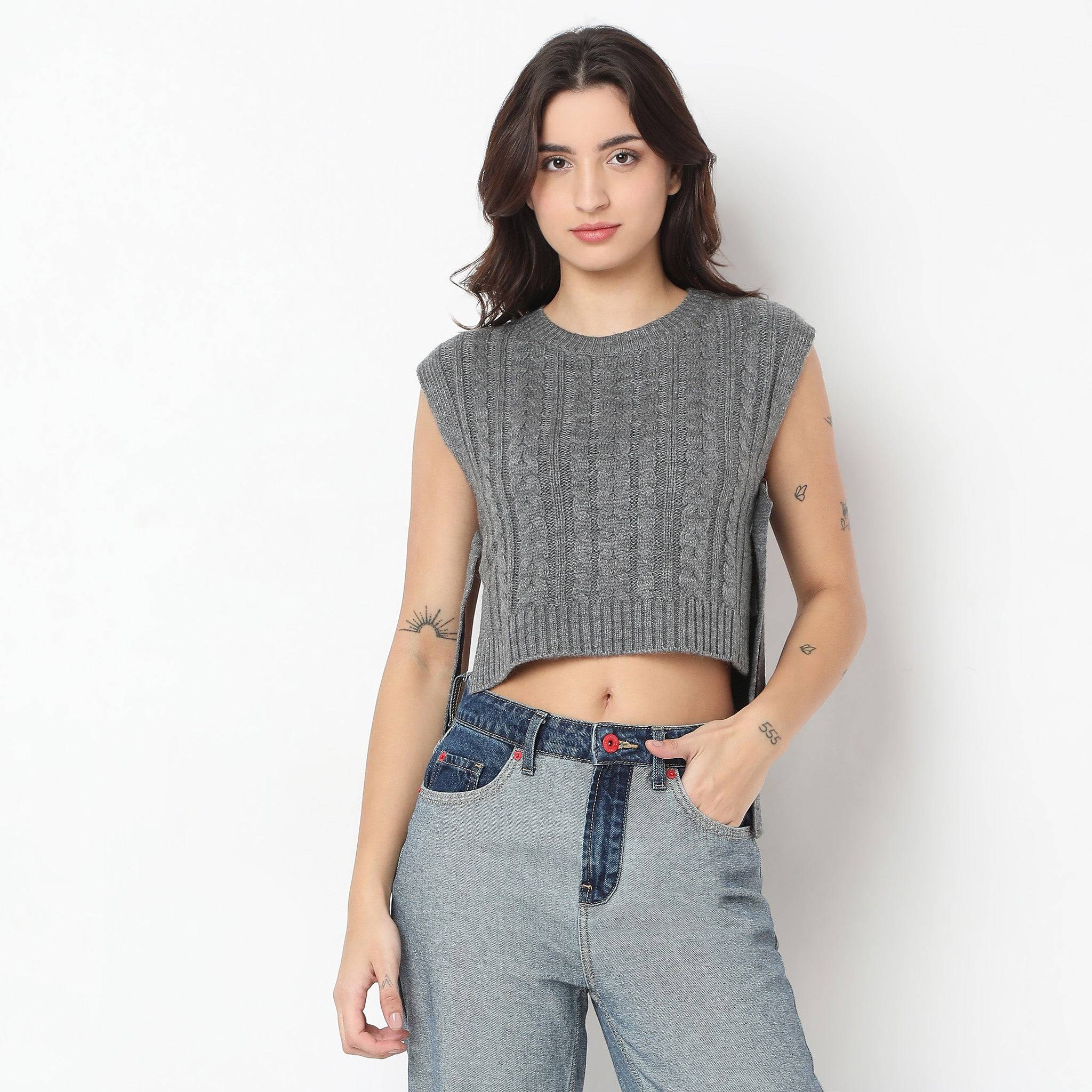 Solid Ribbed Hem Knit Vest