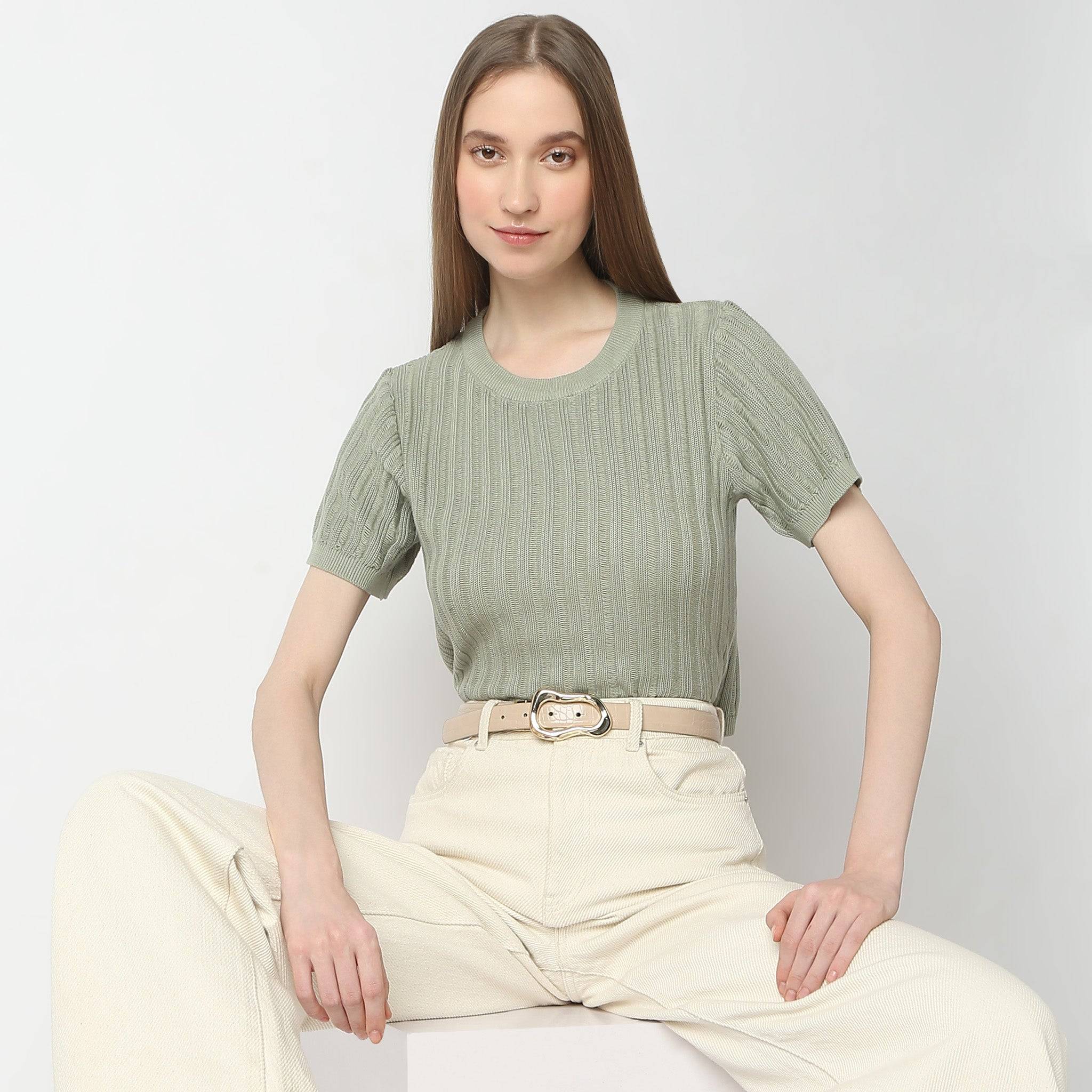Structured U-Neck Short Sleeve Crop Flat Knits T-Shirt
