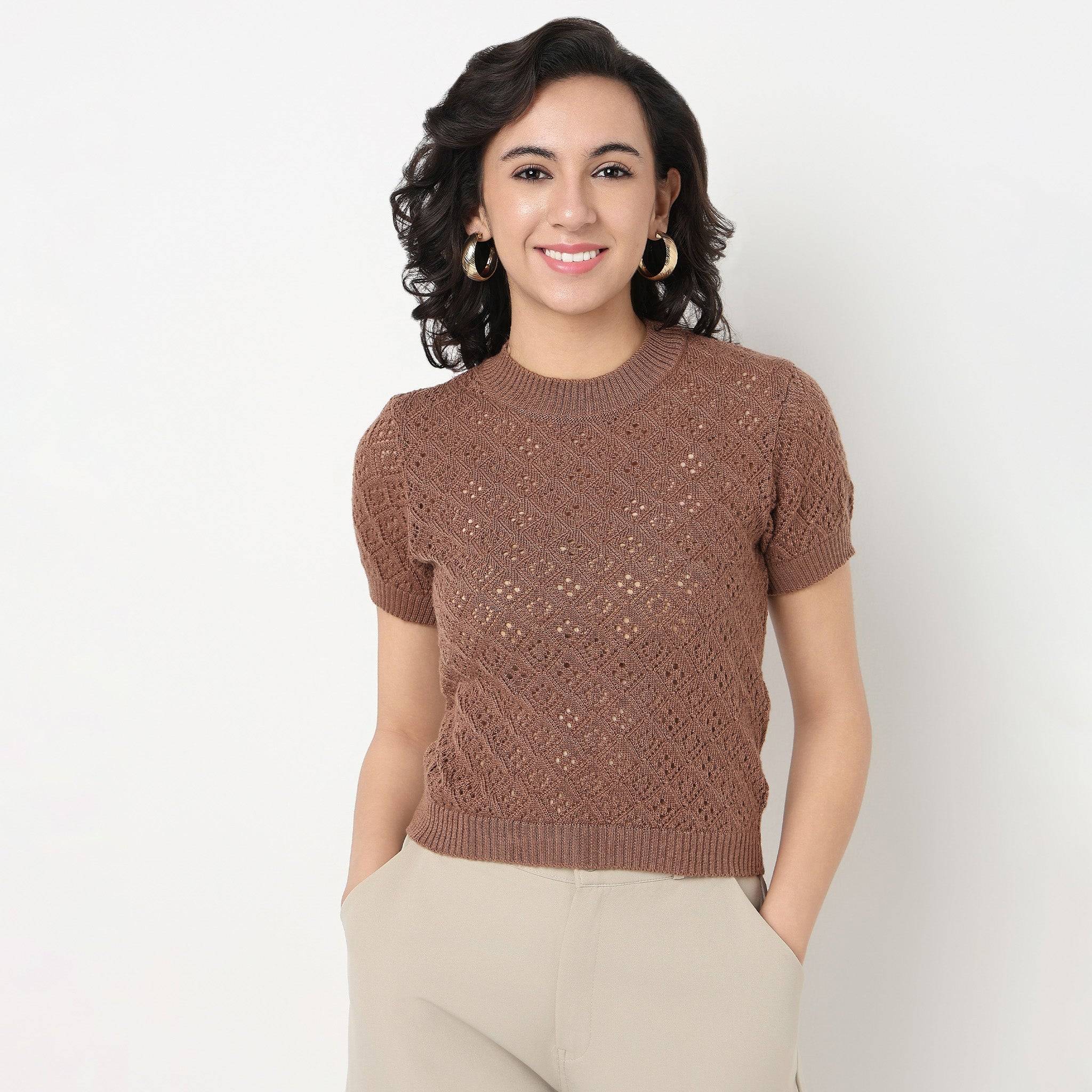 Textured Flat Knit Slim Fit Cropped Sweater