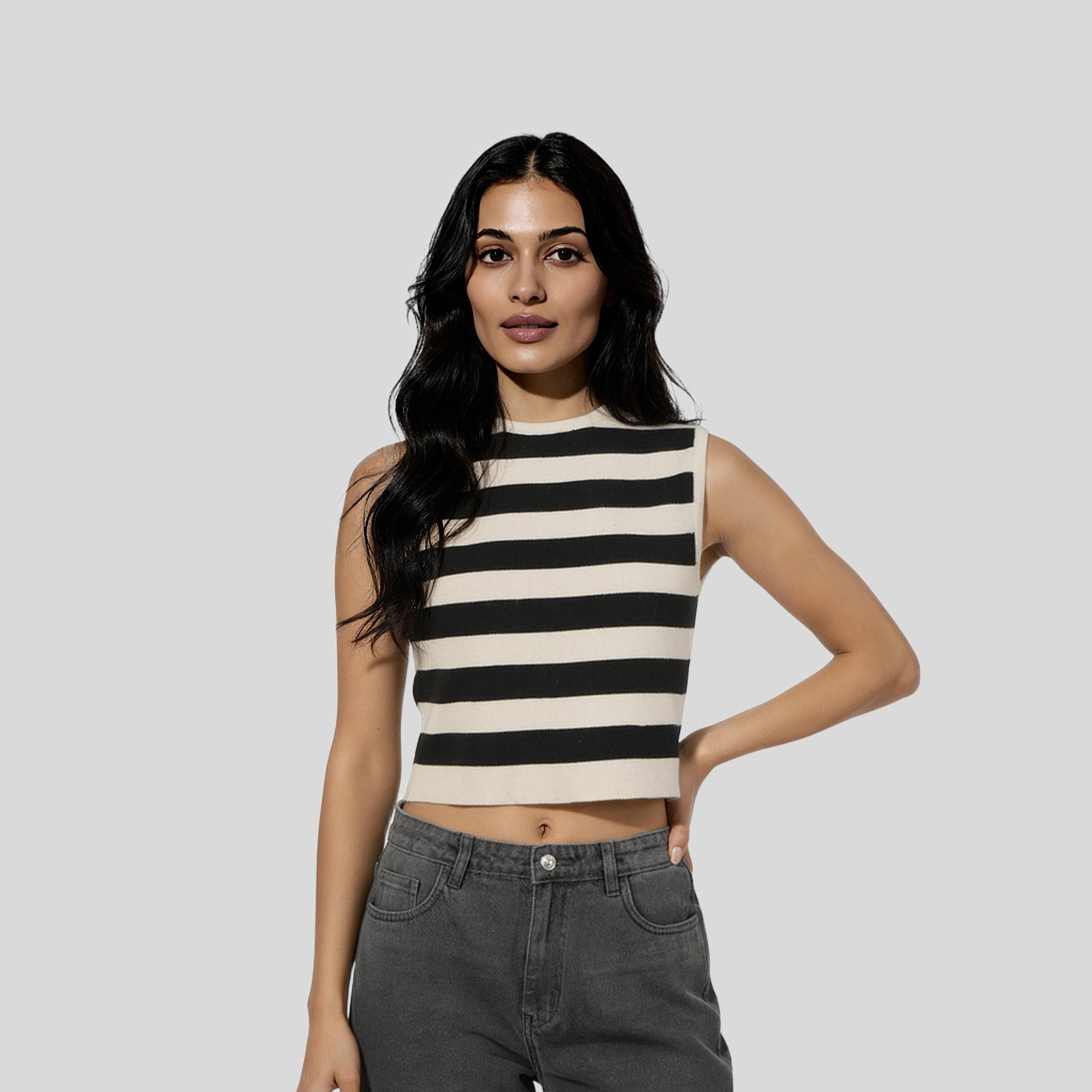 Sleeveless Striped Flat Knit Sweater