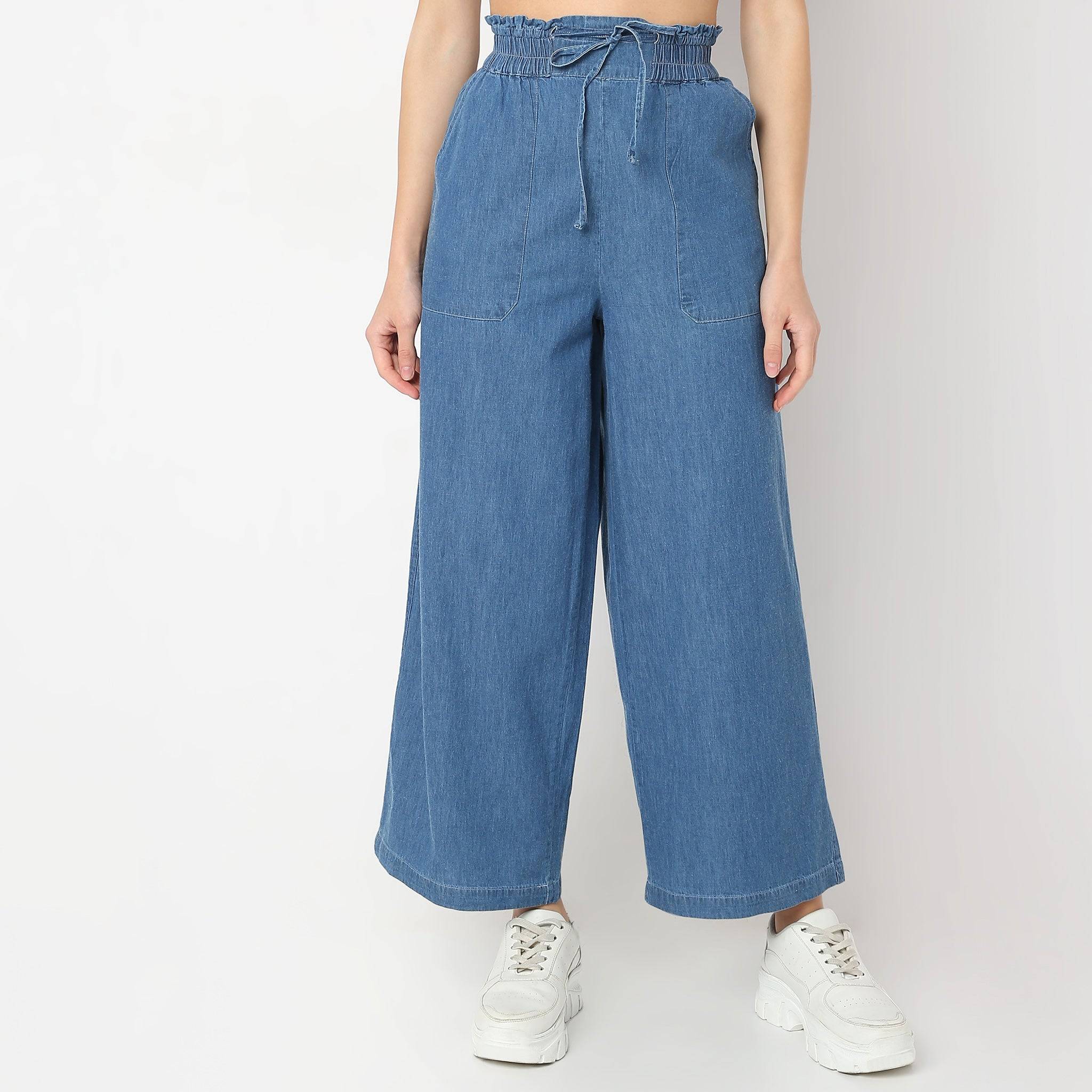 Relaxed Fit Ankle Length High Rise Denim Pull On Palazzos