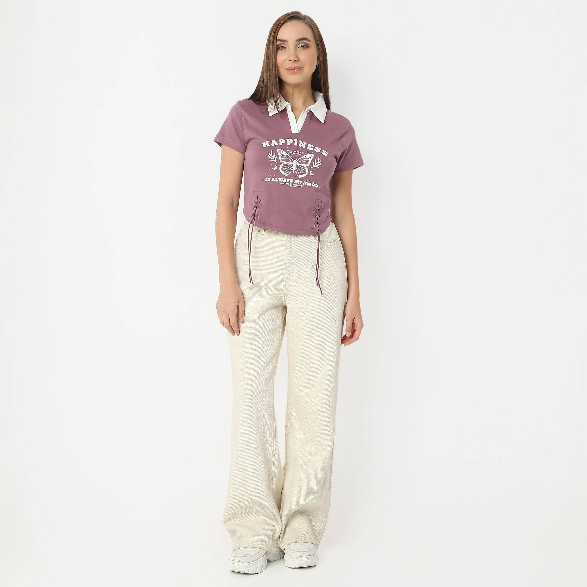 Boxy Fit Printed Shirt Collar Short Sleeve Crop T-Shirt