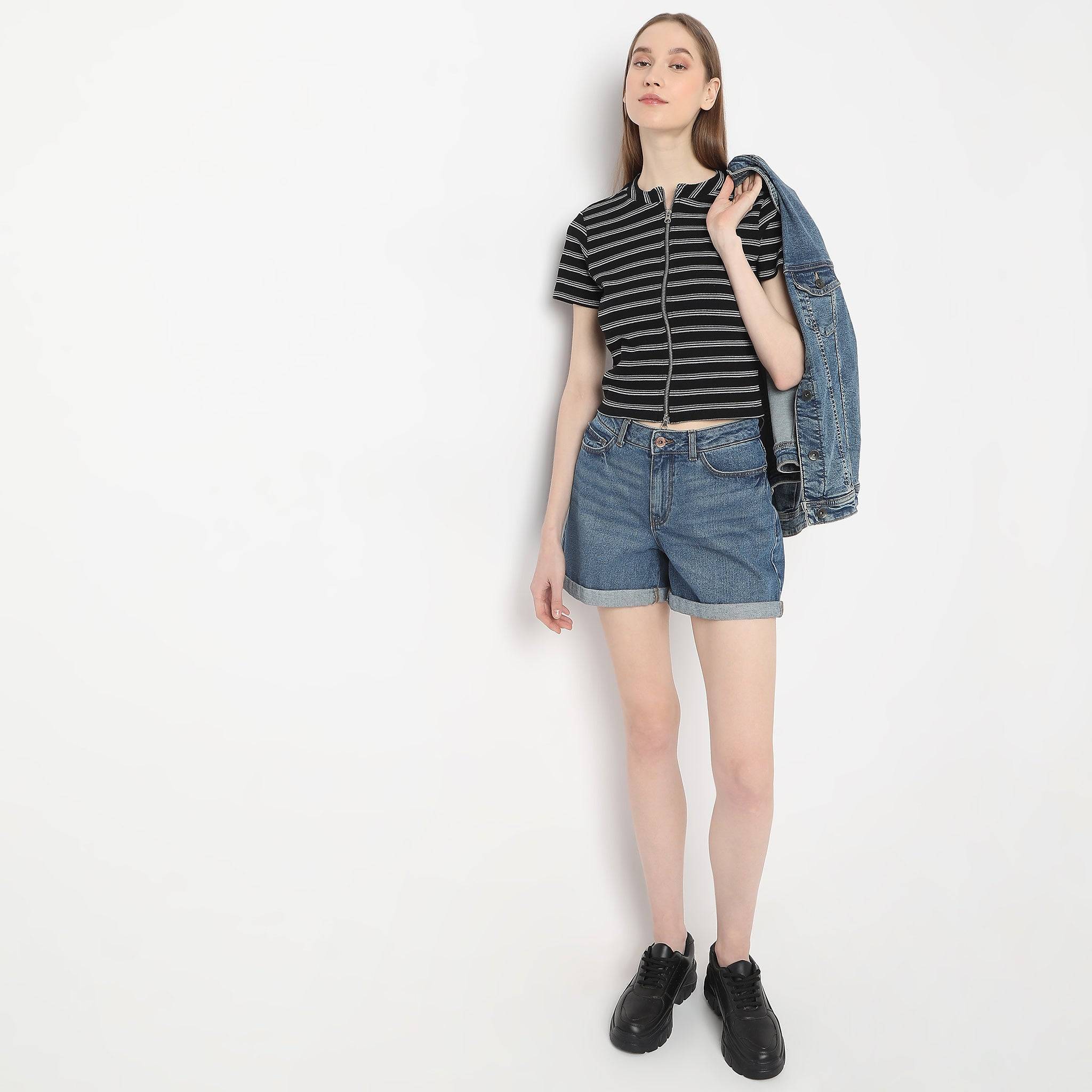 Striped Mock Neck With Zipper Crop T-Shirt