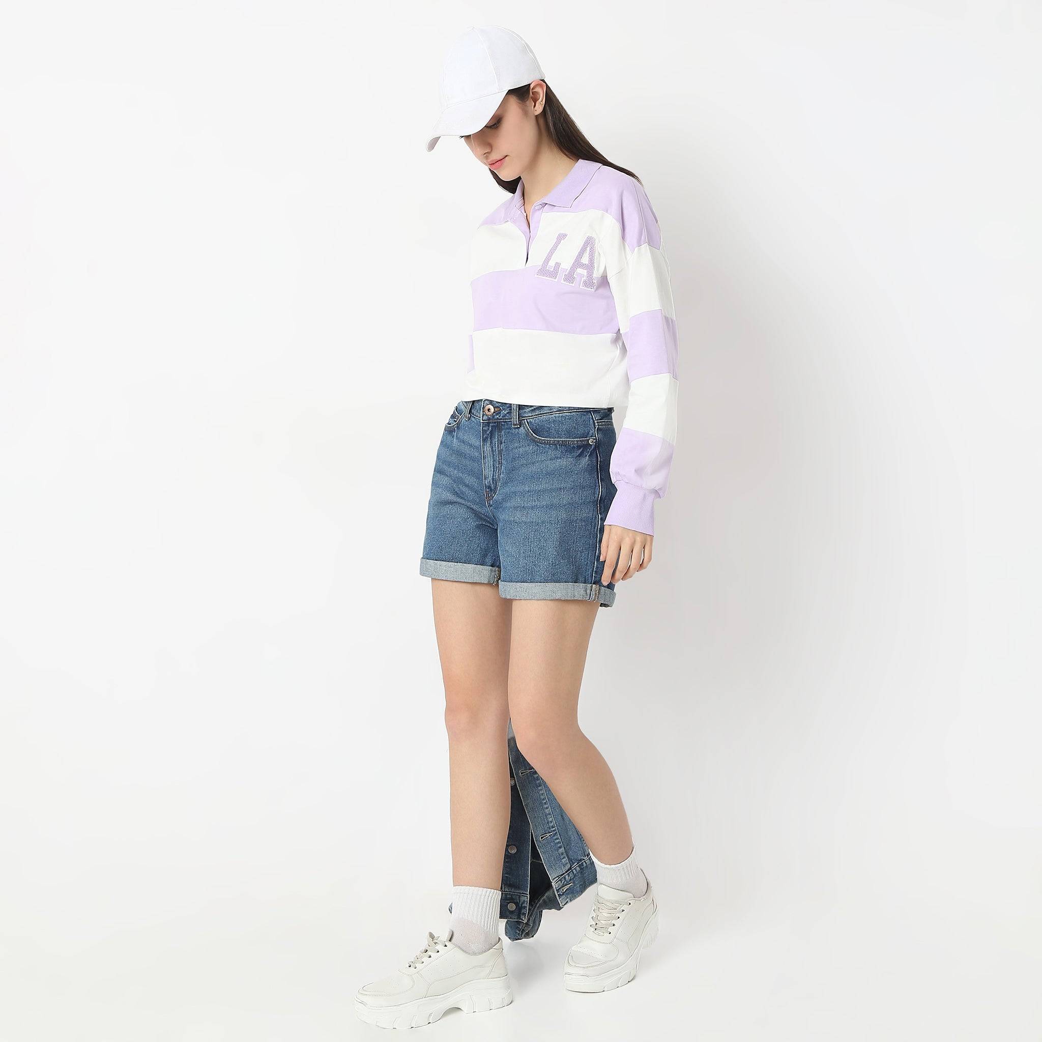 Oversize Striped Shirt Collar Full Sleeve T-Shirt