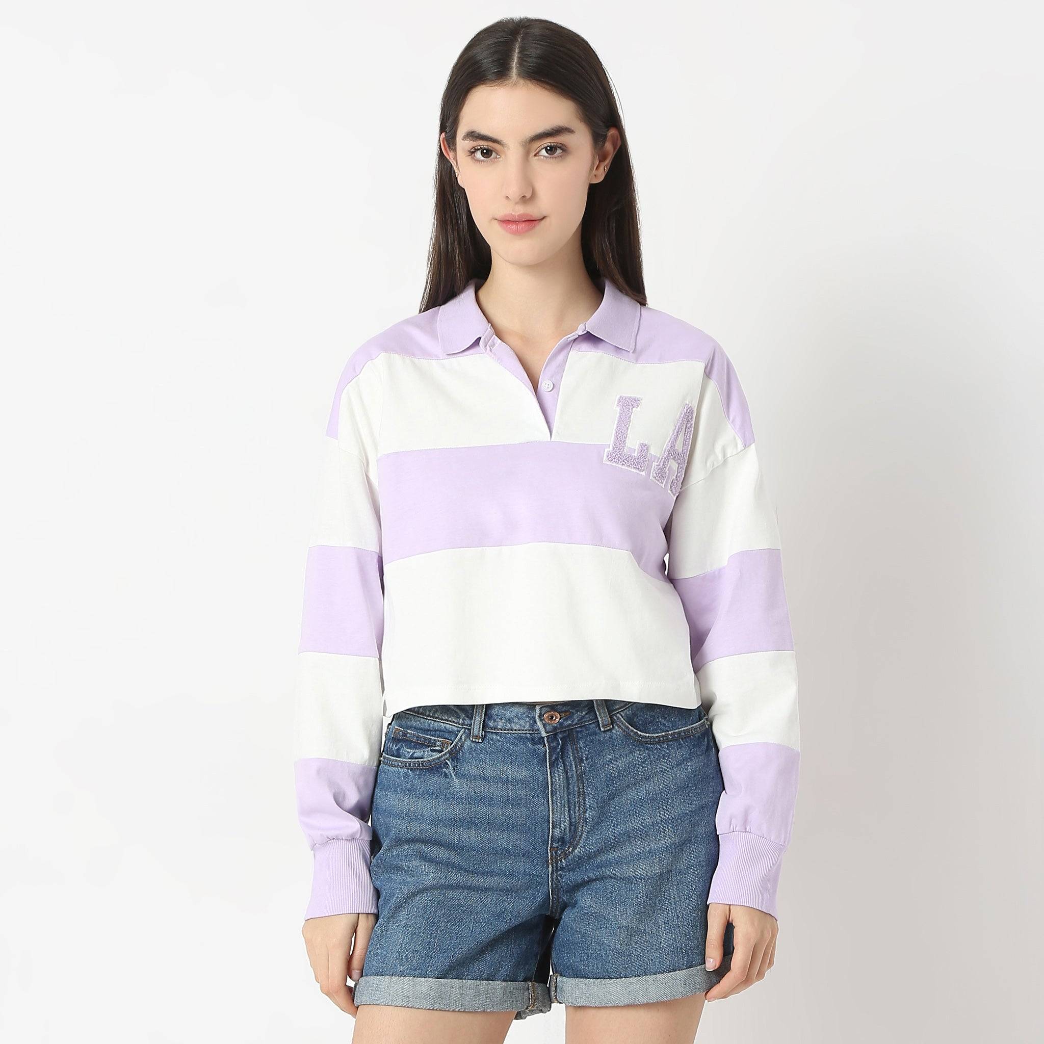 Oversize Striped Shirt Collar Full Sleeve T-Shirt