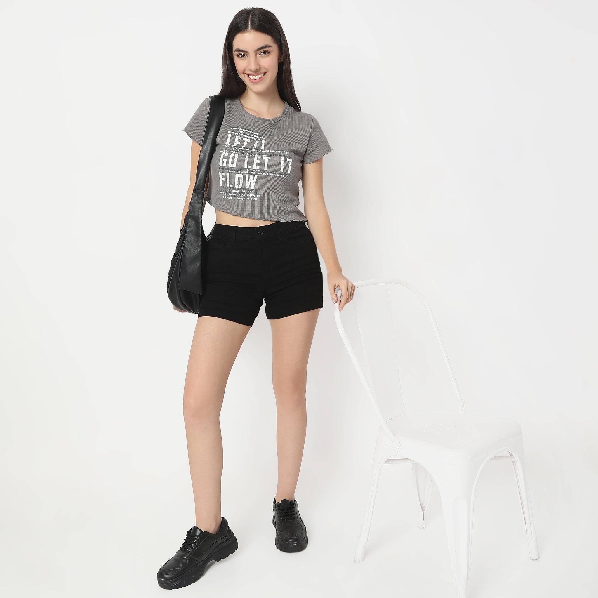 Slim Fit Printed Short Sleeve With Front Print Crop T-Shirt