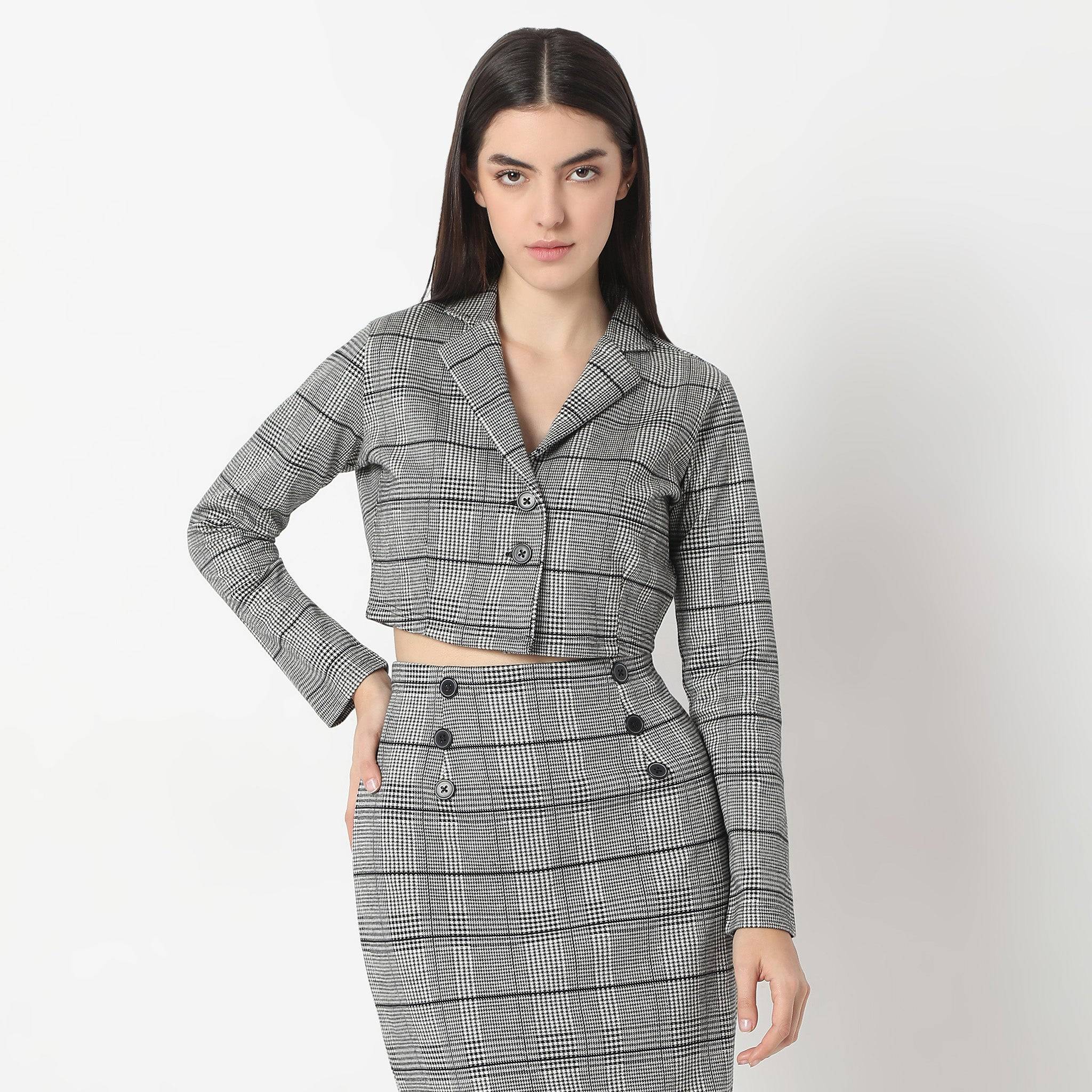 Checkered Lapel Collar Full Sleeve Crop T-Shirt