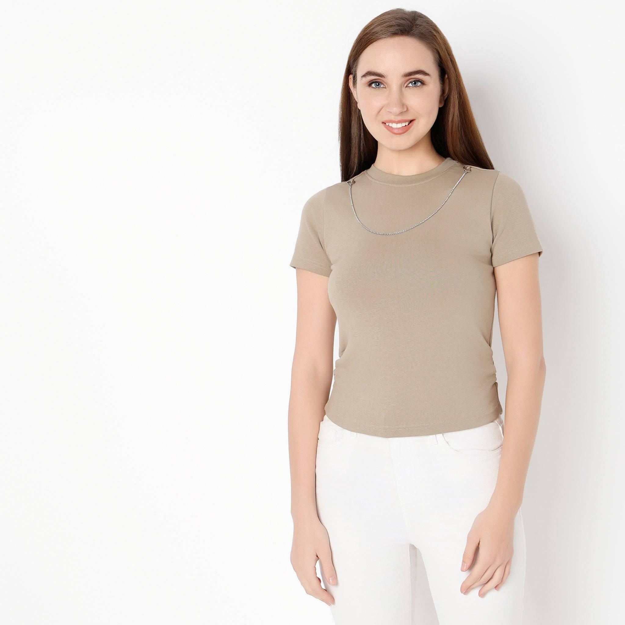 Round Neck Half Sleeve Ruching Detail Solid T-Shirt