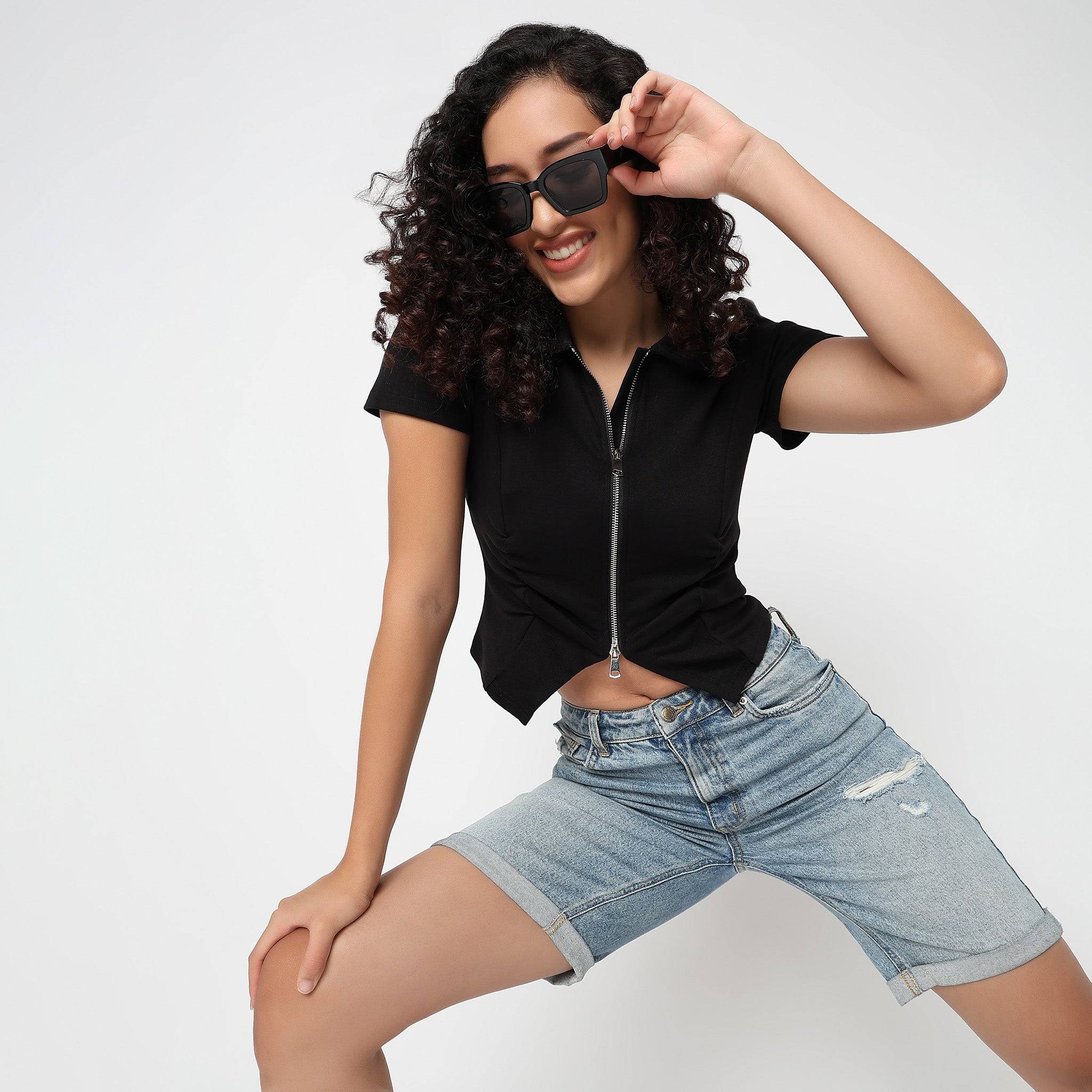 Betty Fashion Tee With Front Ruching Detail And Front Two-Way Zipper Opening